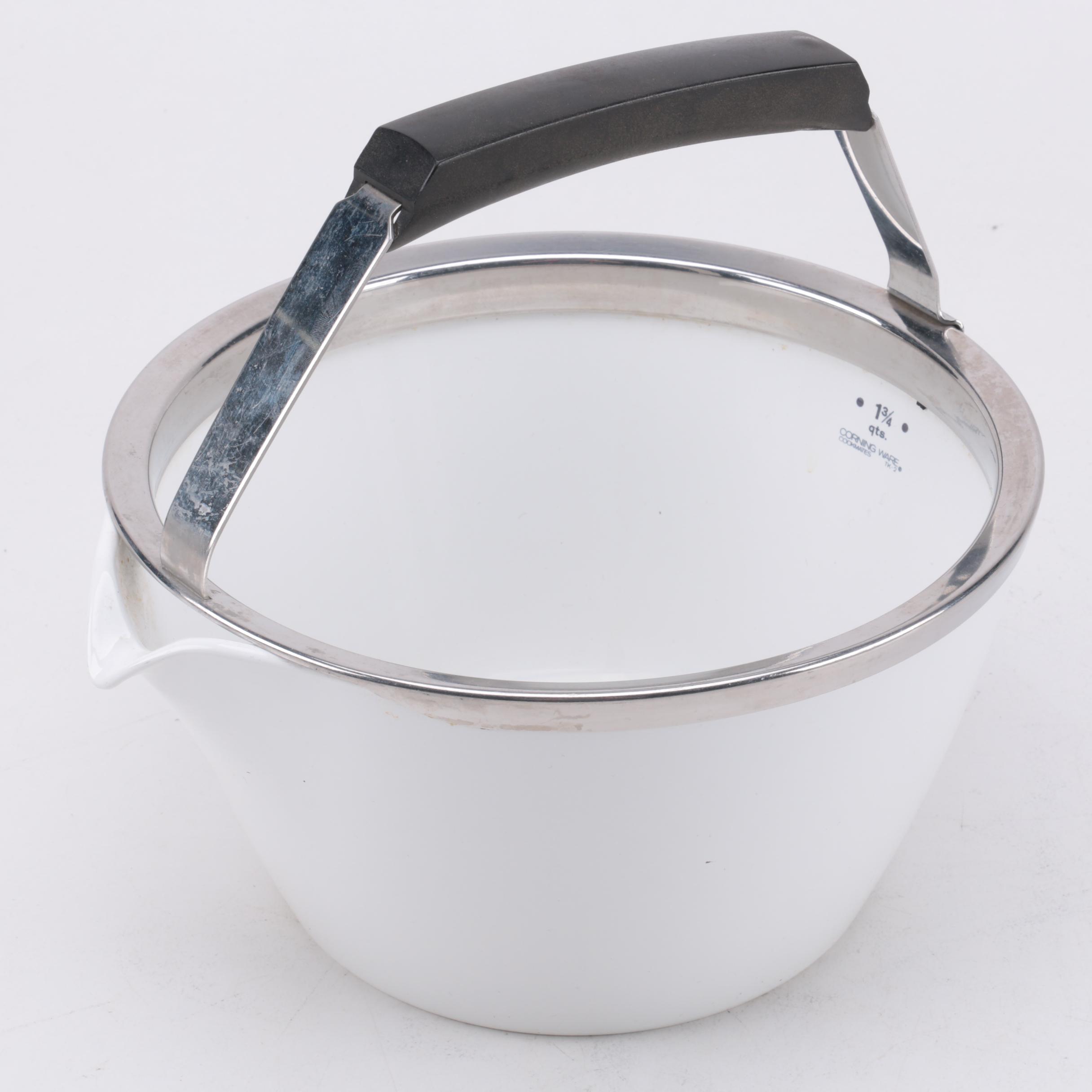 Corning Ware "White Coupe" Kettle with Lid and Buffet Servers, Circa 1960