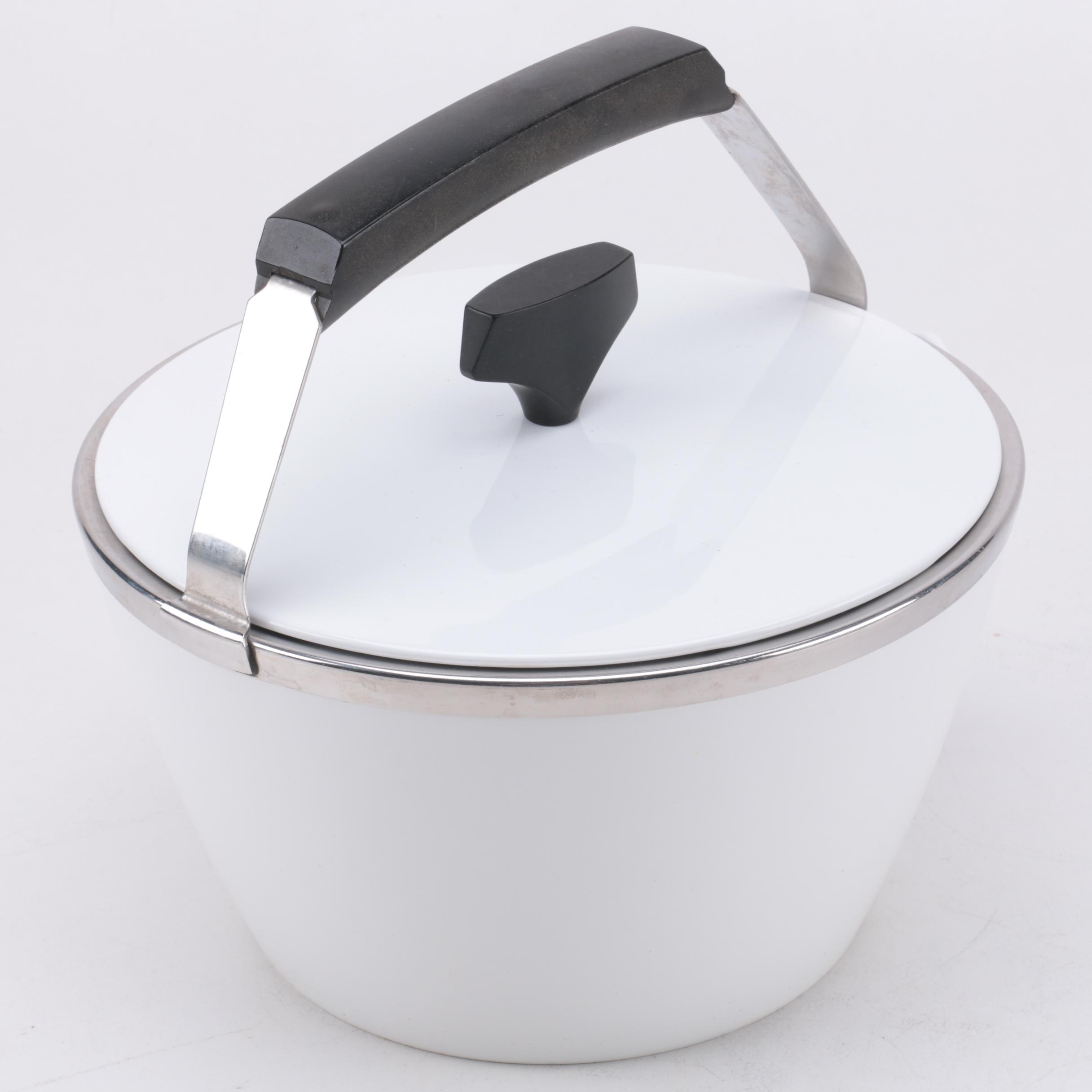 Corning Ware "White Coupe" Kettle with Lid and Buffet Servers, Circa 1960