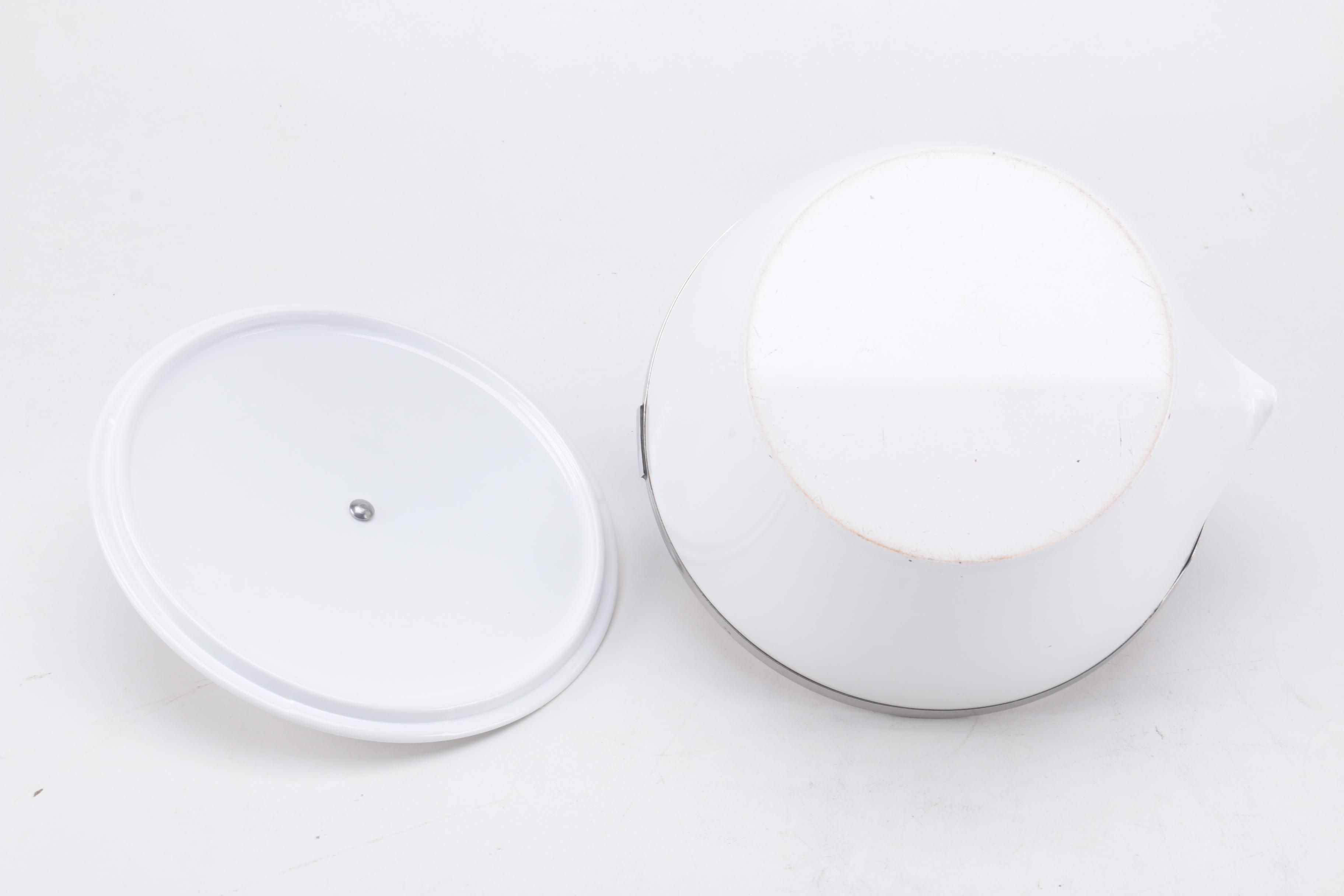 Corning Ware "White Coupe" Kettle with Lid and Buffet Servers, Circa 1960