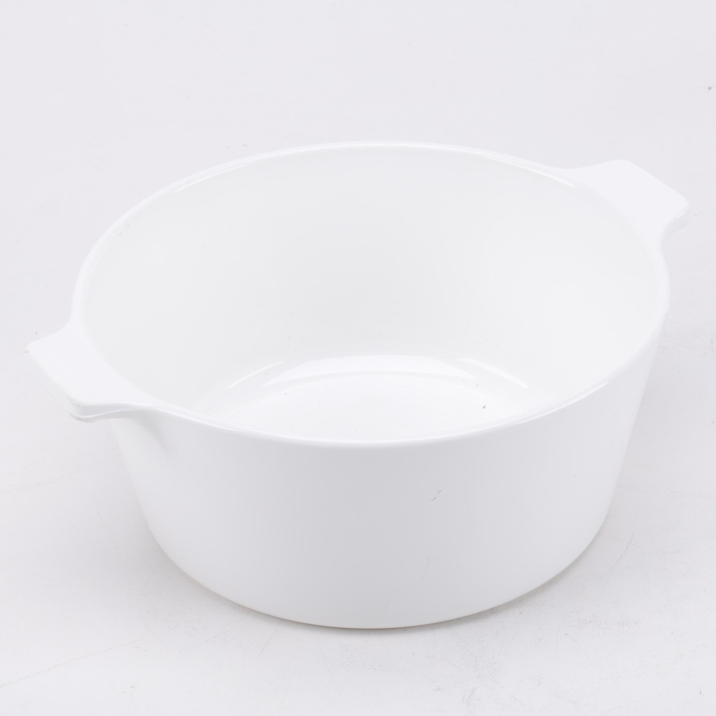 Corning Ware "White Coupe" Kettle with Lid and Buffet Servers, Circa 1960