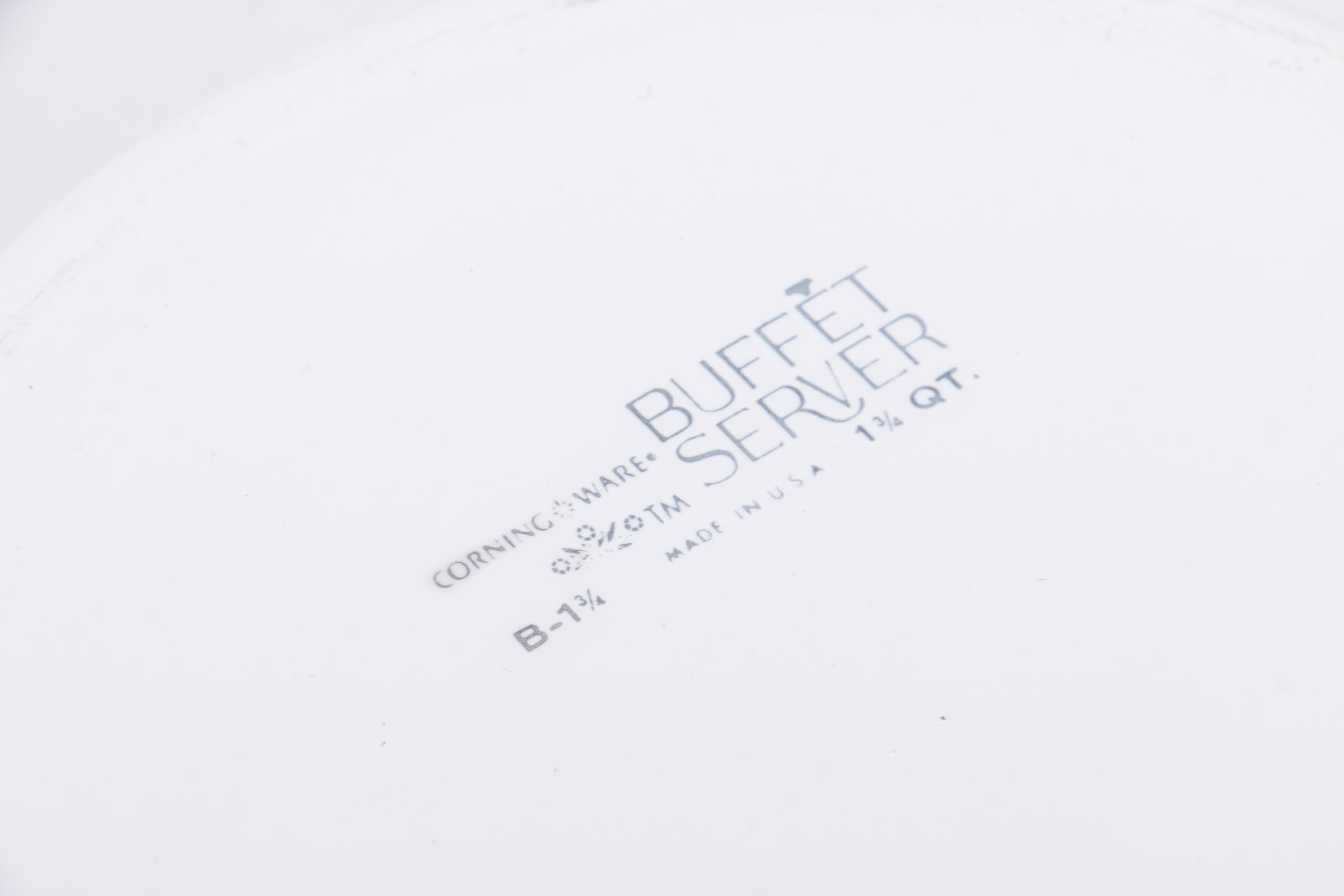 Corning Ware "White Coupe" Kettle with Lid and Buffet Servers, Circa 1960