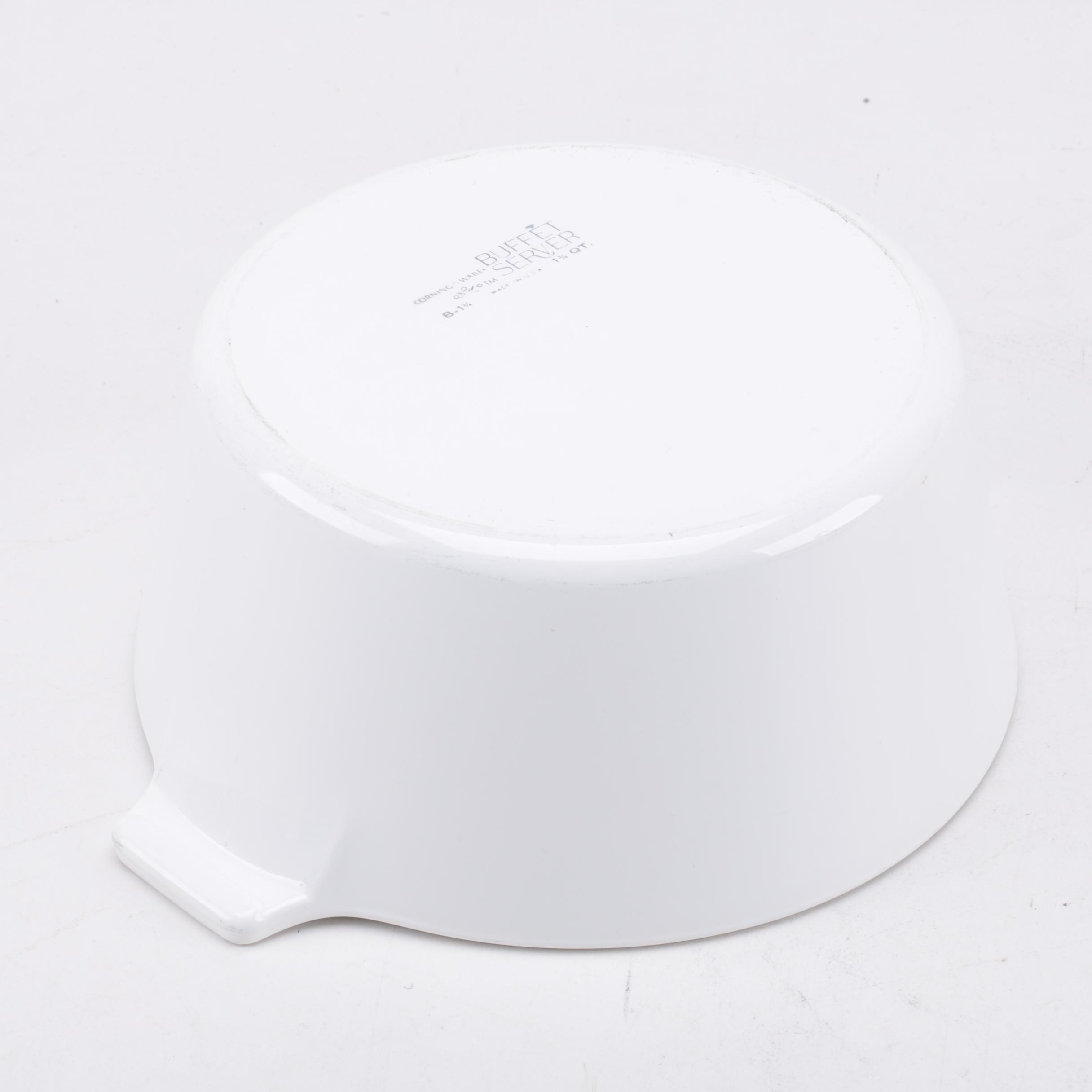 Corning Ware "White Coupe" Kettle with Lid and Buffet Servers, Circa 1960