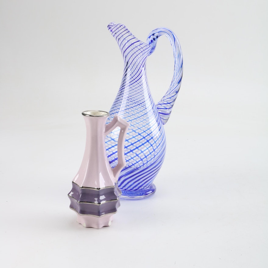 Twisted White and Cobalt Art Glass Pitcher with Ceramic Vase