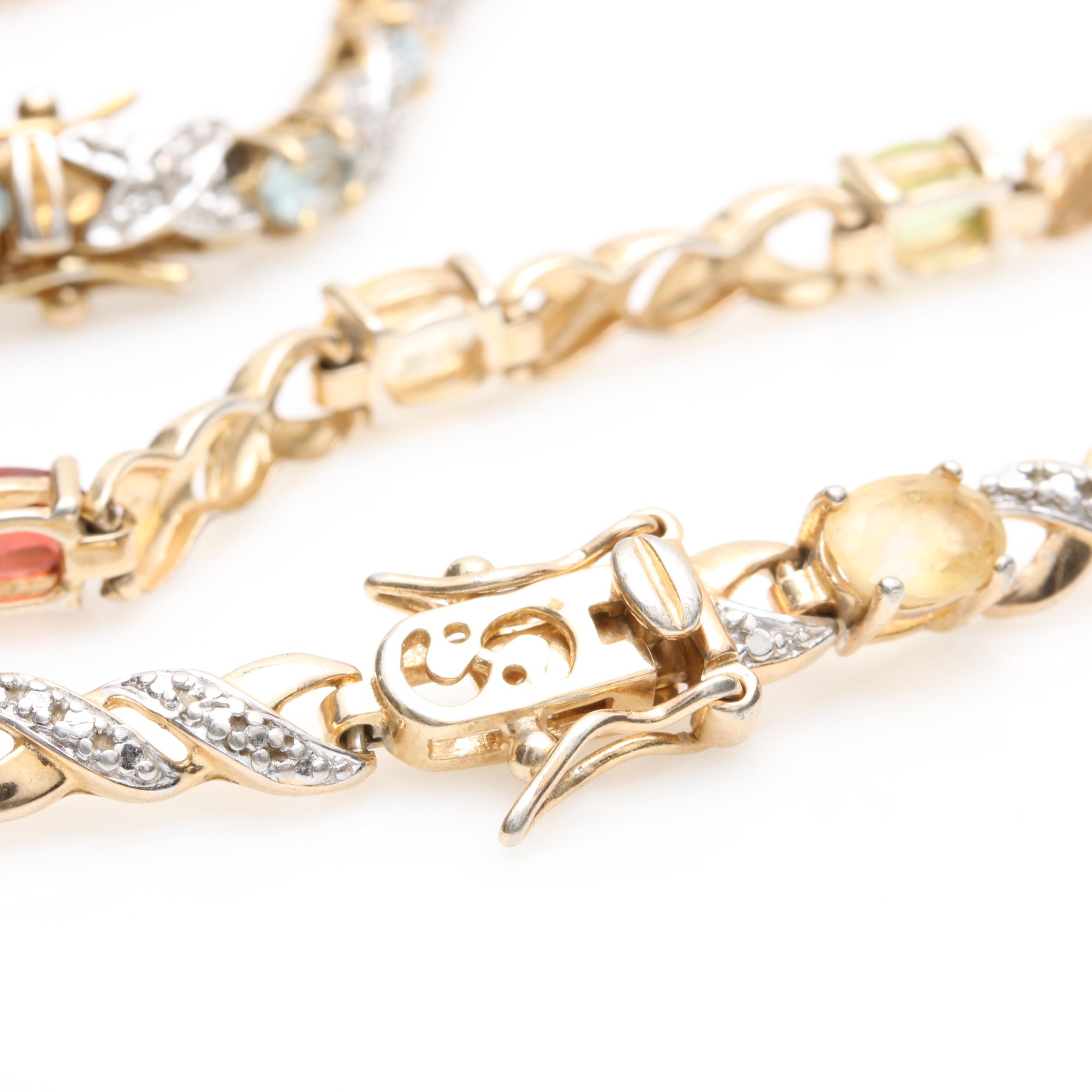 Gold Wash on Sterling Silver Gemstone and Diamond Accented Tennis Bracelets