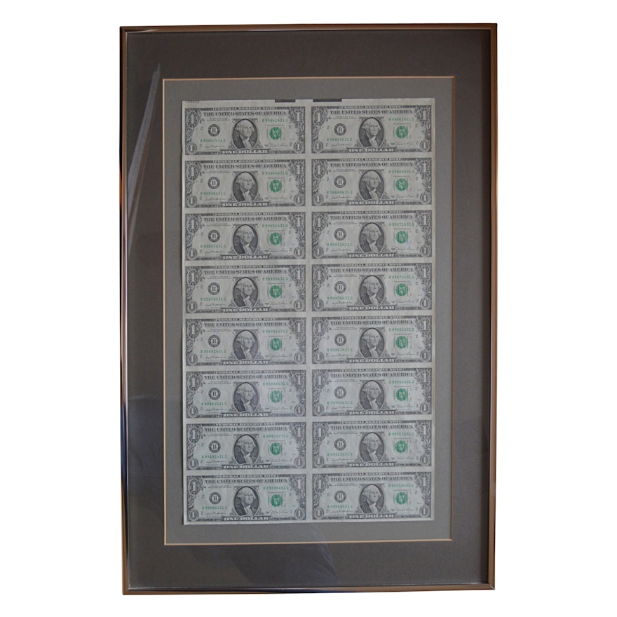 Framed Sheet of Sixteen Uncut $1 1981 Federal Reserve Notes