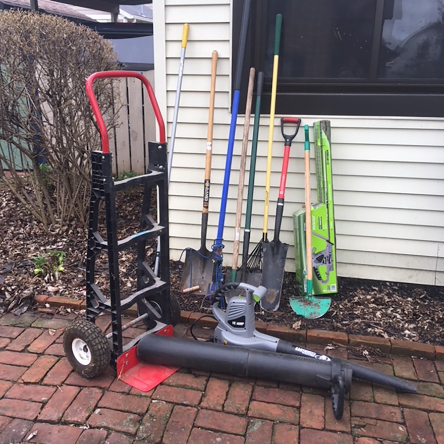 Dolly, Yard Tools Including Blower, Shovels, Hedger and More