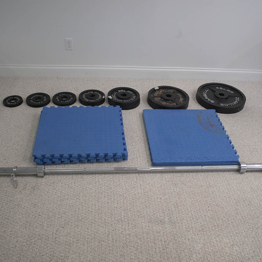 Barbell, Weights and Foam Locking Floor Tiles