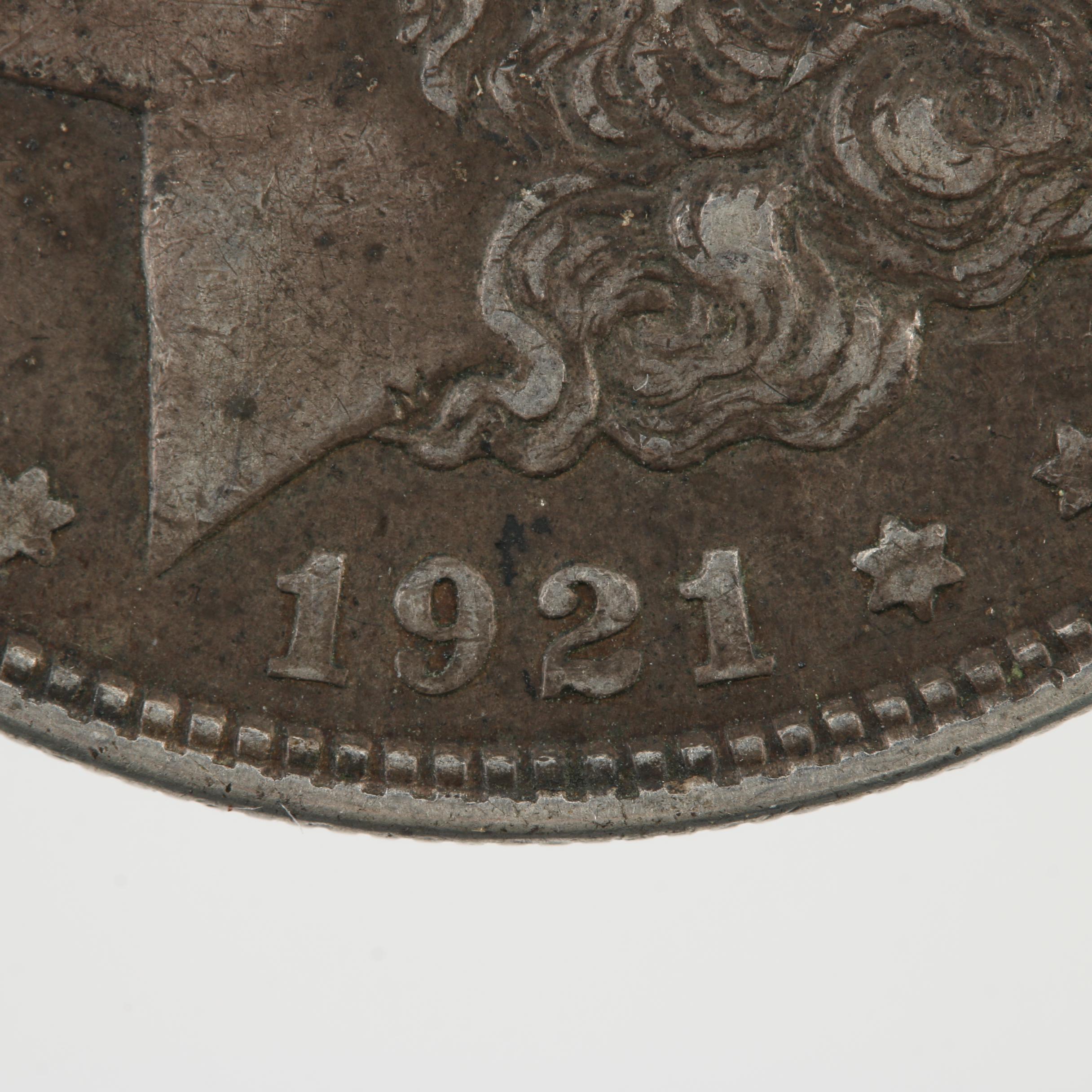 Group of Three Silver Morgan Dollars Including 1878, 1888, and 1921