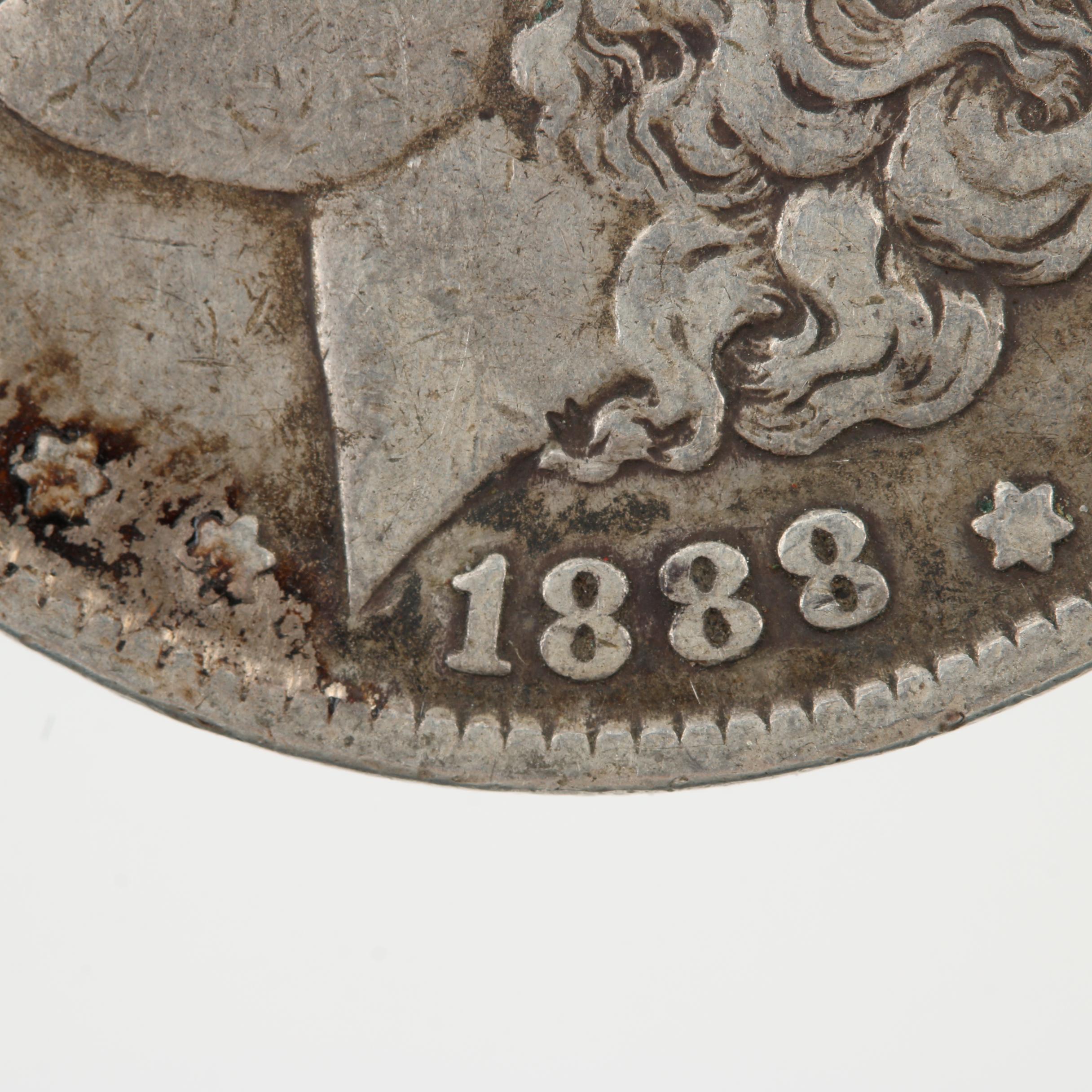 Group of Three Silver Morgan Dollars Including 1878, 1888, and 1921