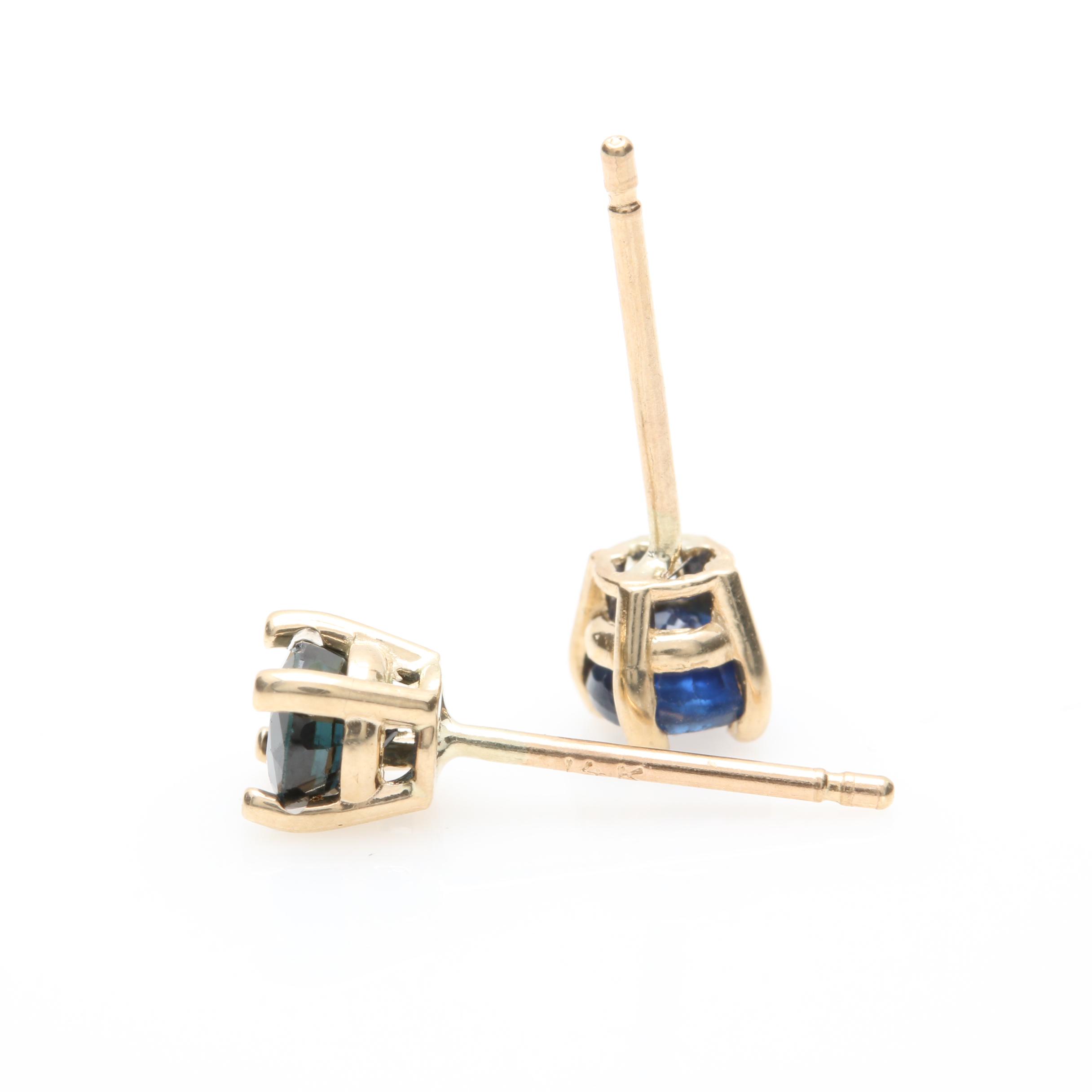 14K Yellow Gold Blue Sapphire Stud Earrings
