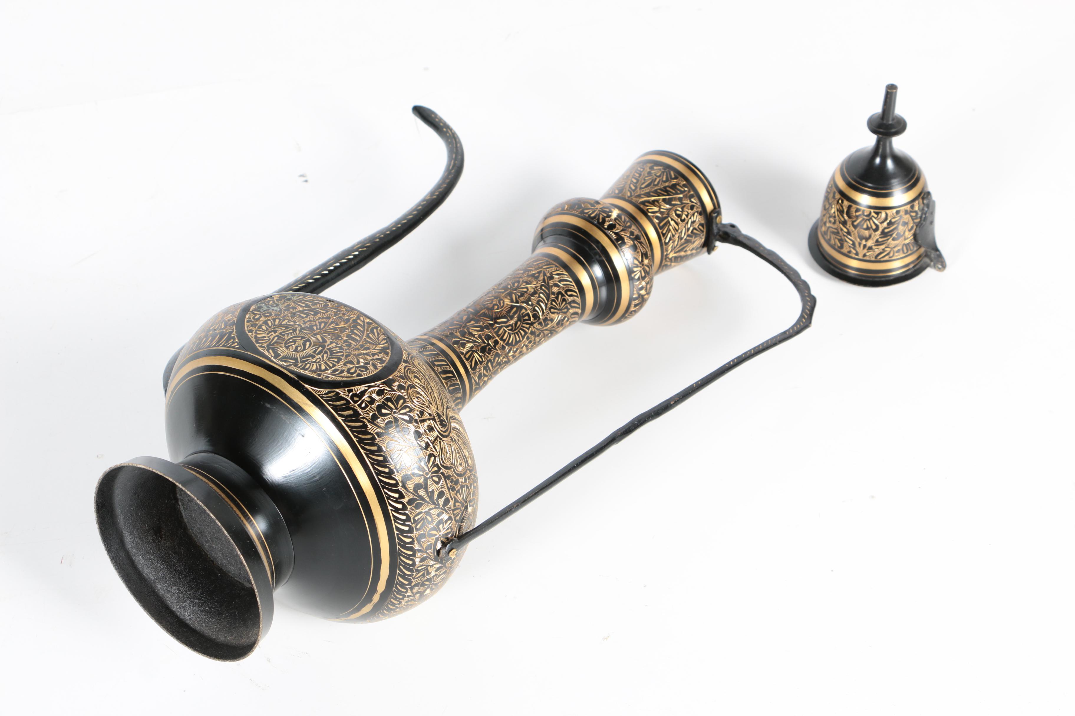 Indian Influenced Etched Metal Incense Burner and Coffee Pot