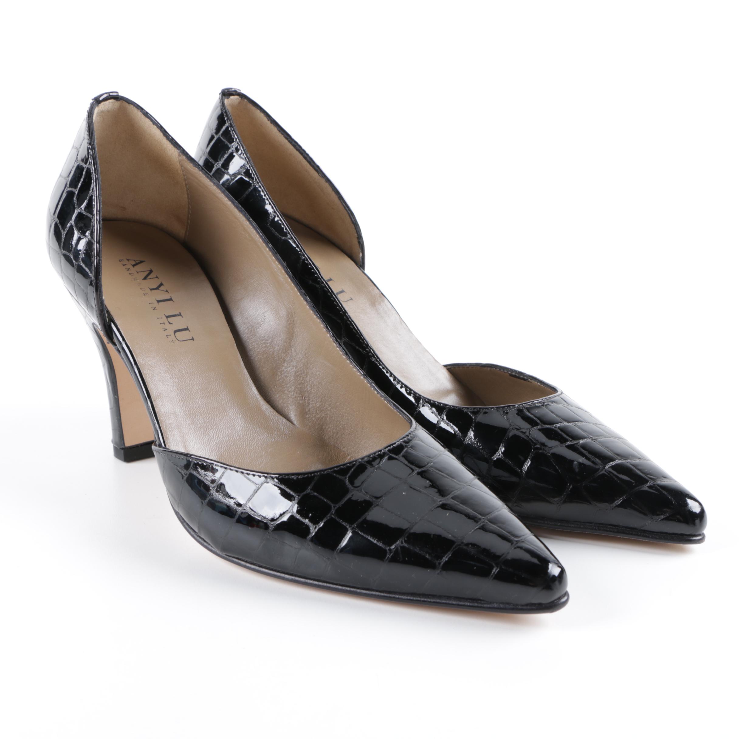 Anyi Lu Black Crocodile Embossed Patent Leather Heels