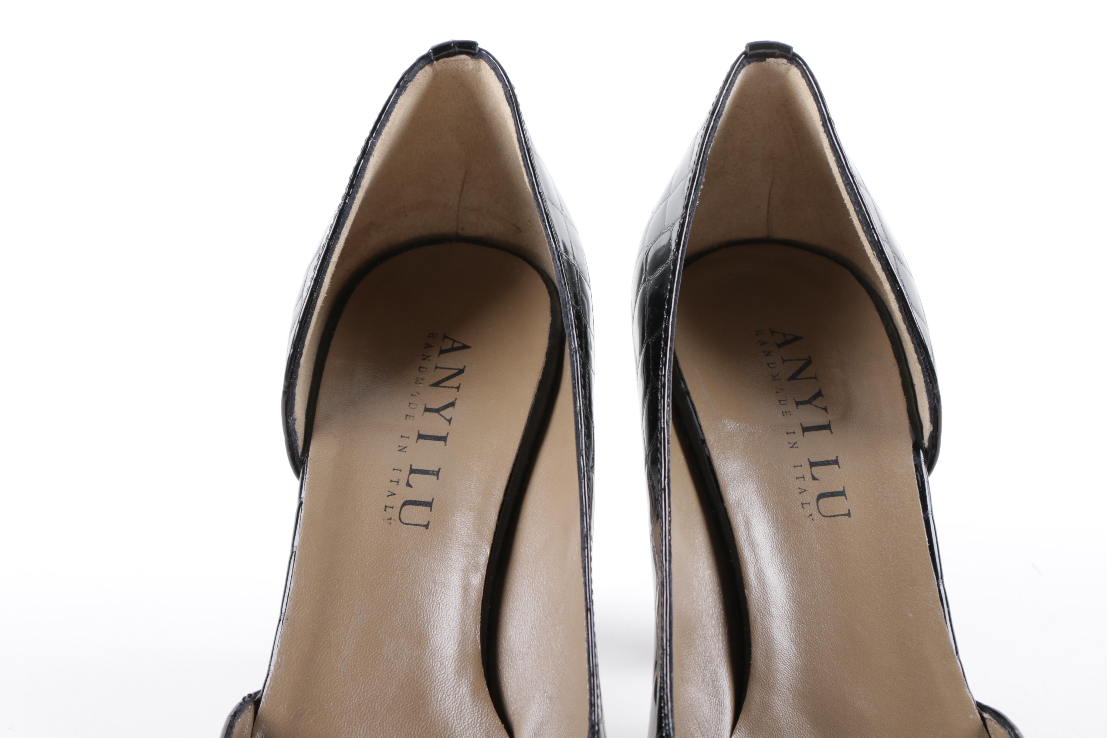 Anyi Lu Black Crocodile Embossed Patent Leather Heels