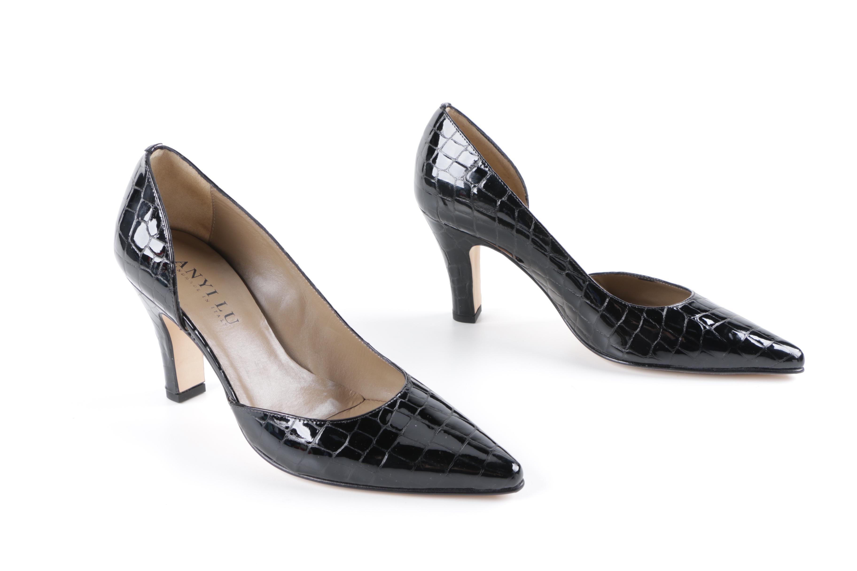 Anyi Lu Black Crocodile Embossed Patent Leather Heels
