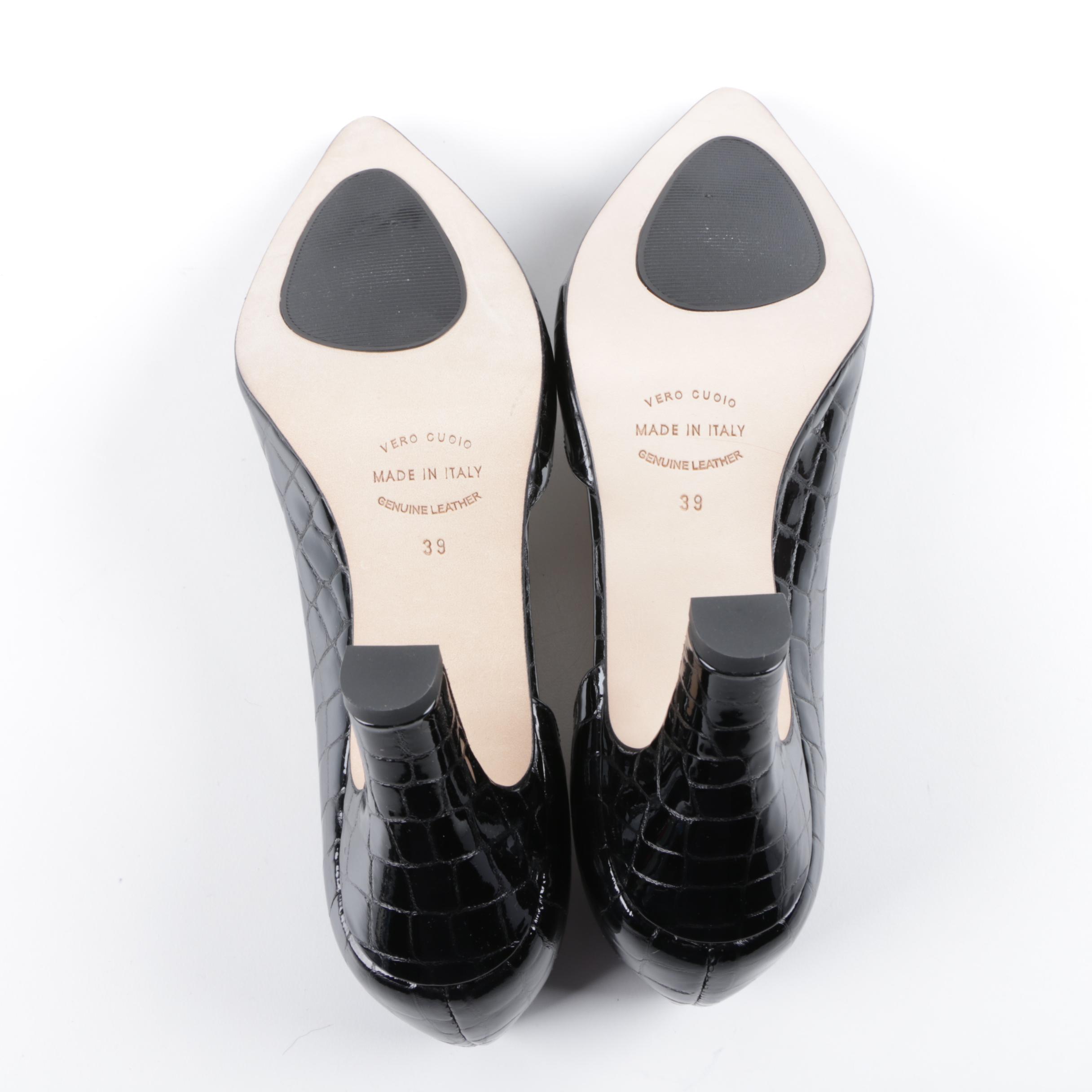 Anyi Lu Black Crocodile Embossed Patent Leather Heels