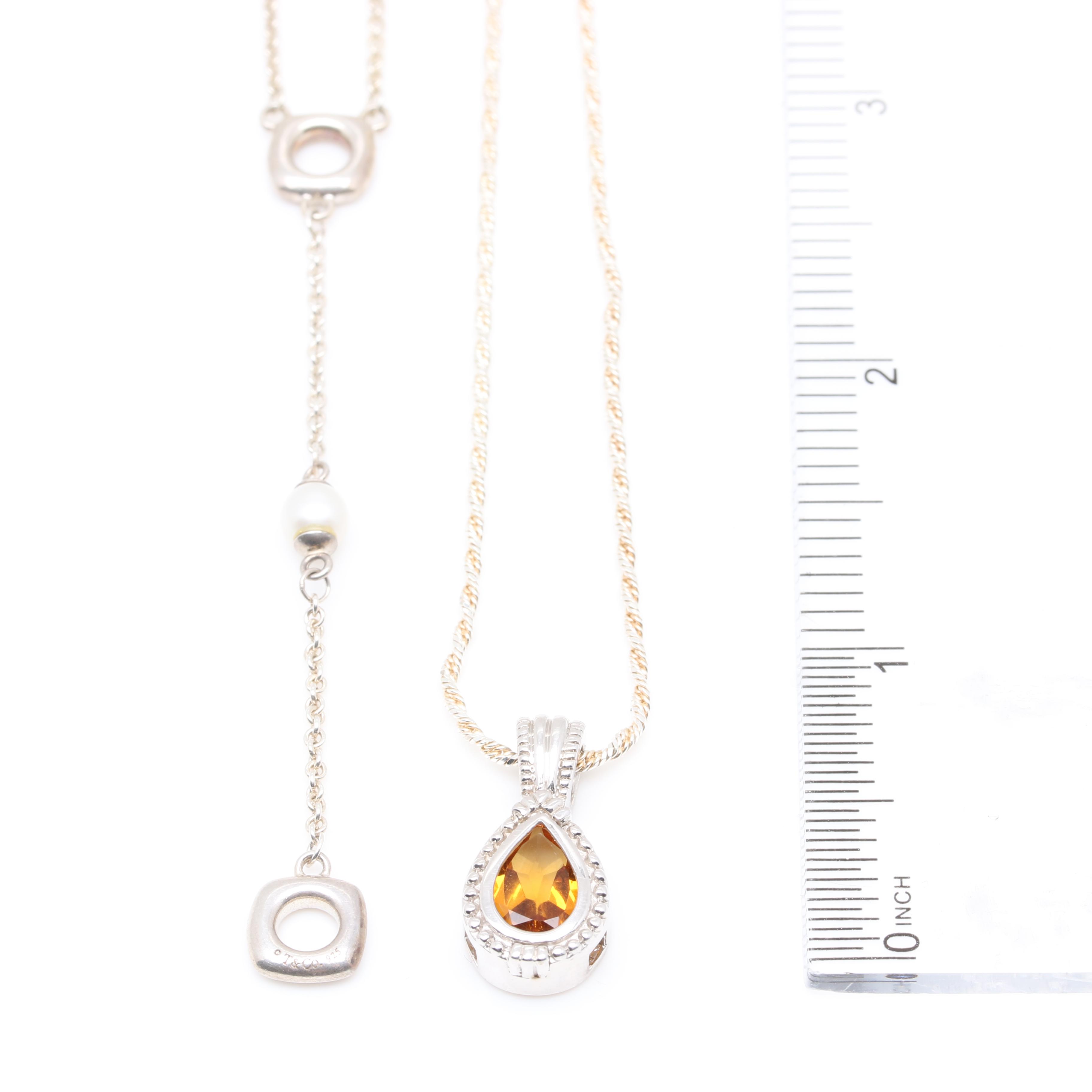 Sterling Silver Citrine Pendant Necklace and Cultured Pearl Necklace