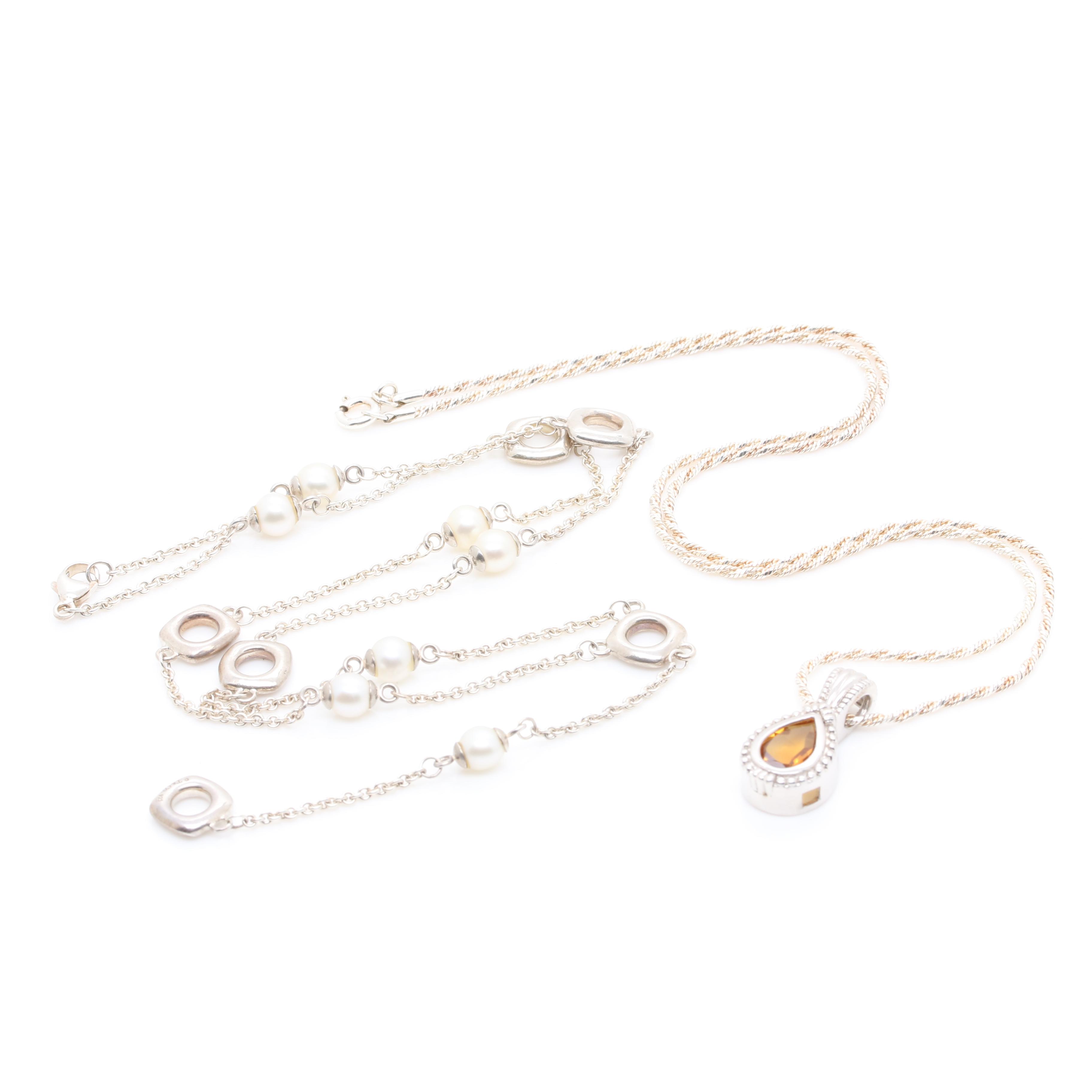 Sterling Silver Citrine Pendant Necklace and Cultured Pearl Necklace