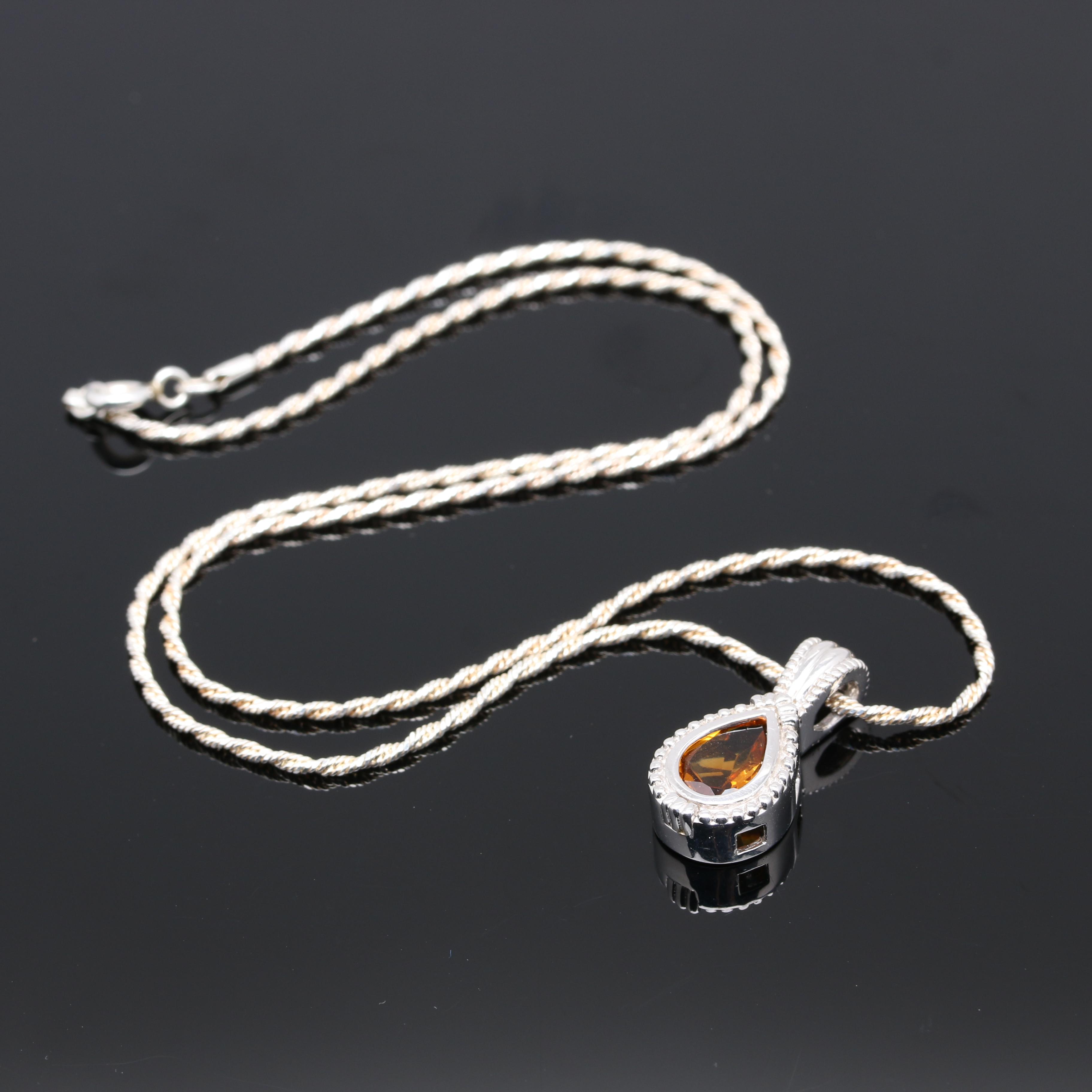 Sterling Silver Citrine Pendant Necklace and Cultured Pearl Necklace