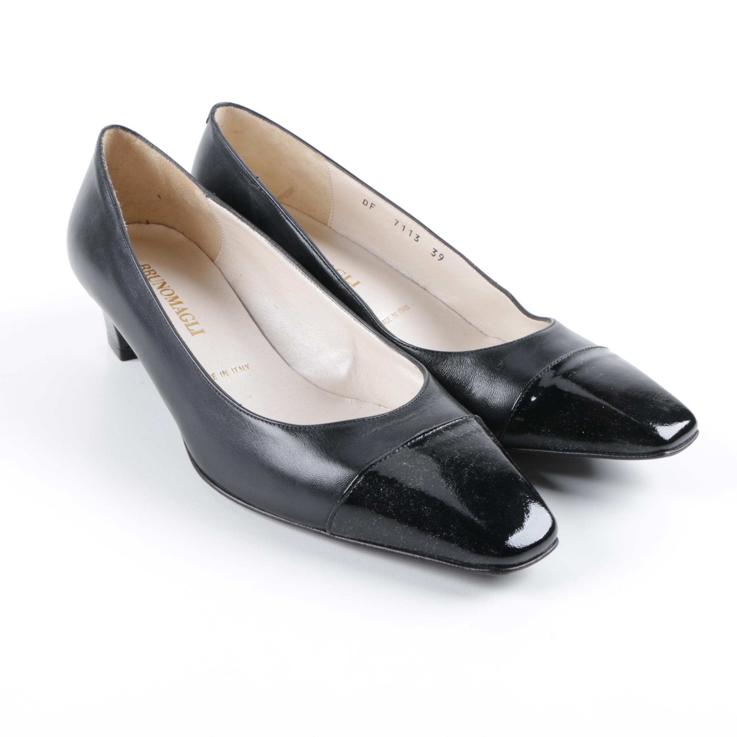 Women's Bruno Magli Black Leather Kitten Heels with Patent Leather Toes