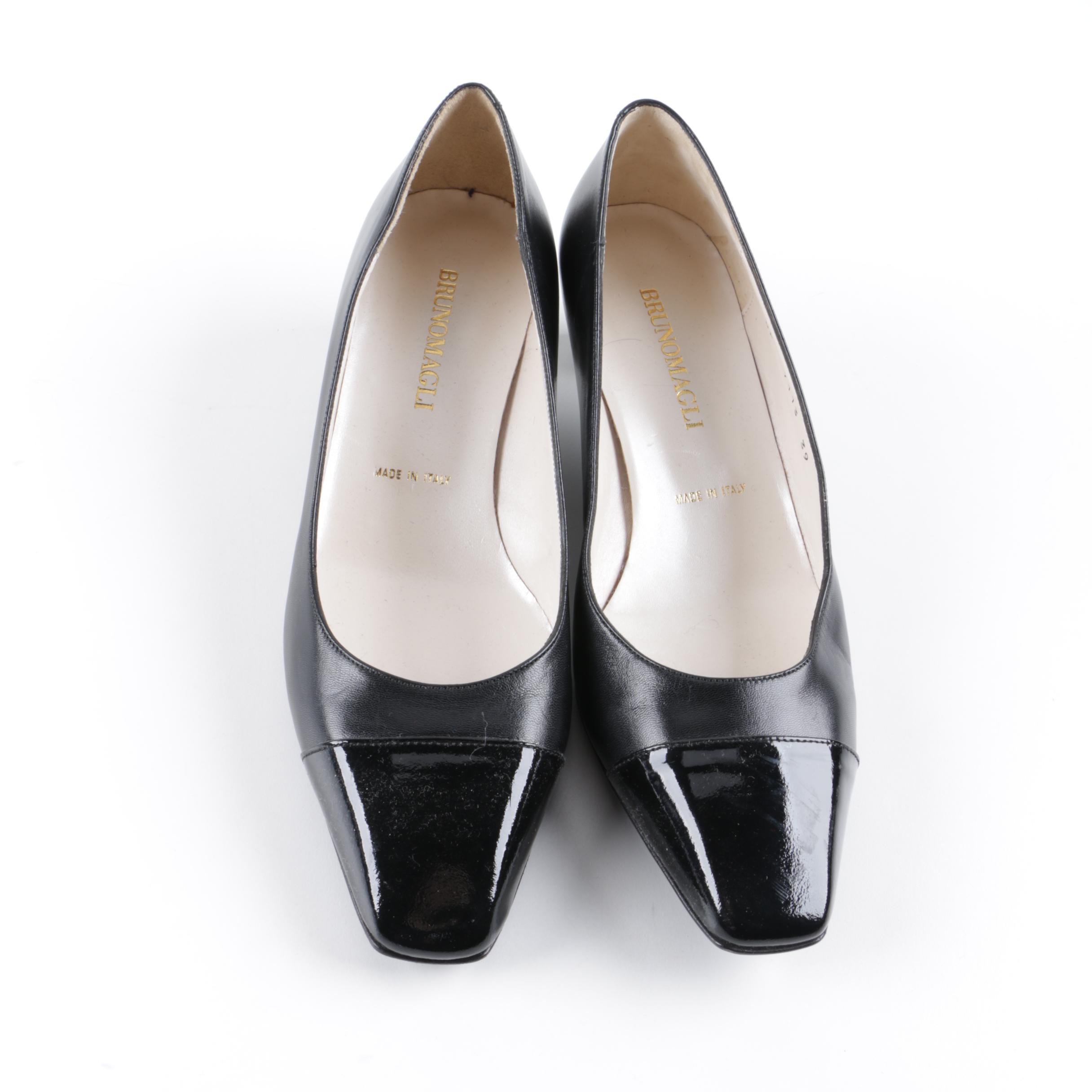 Women's Bruno Magli Black Leather Kitten Heels with Patent Leather Toes