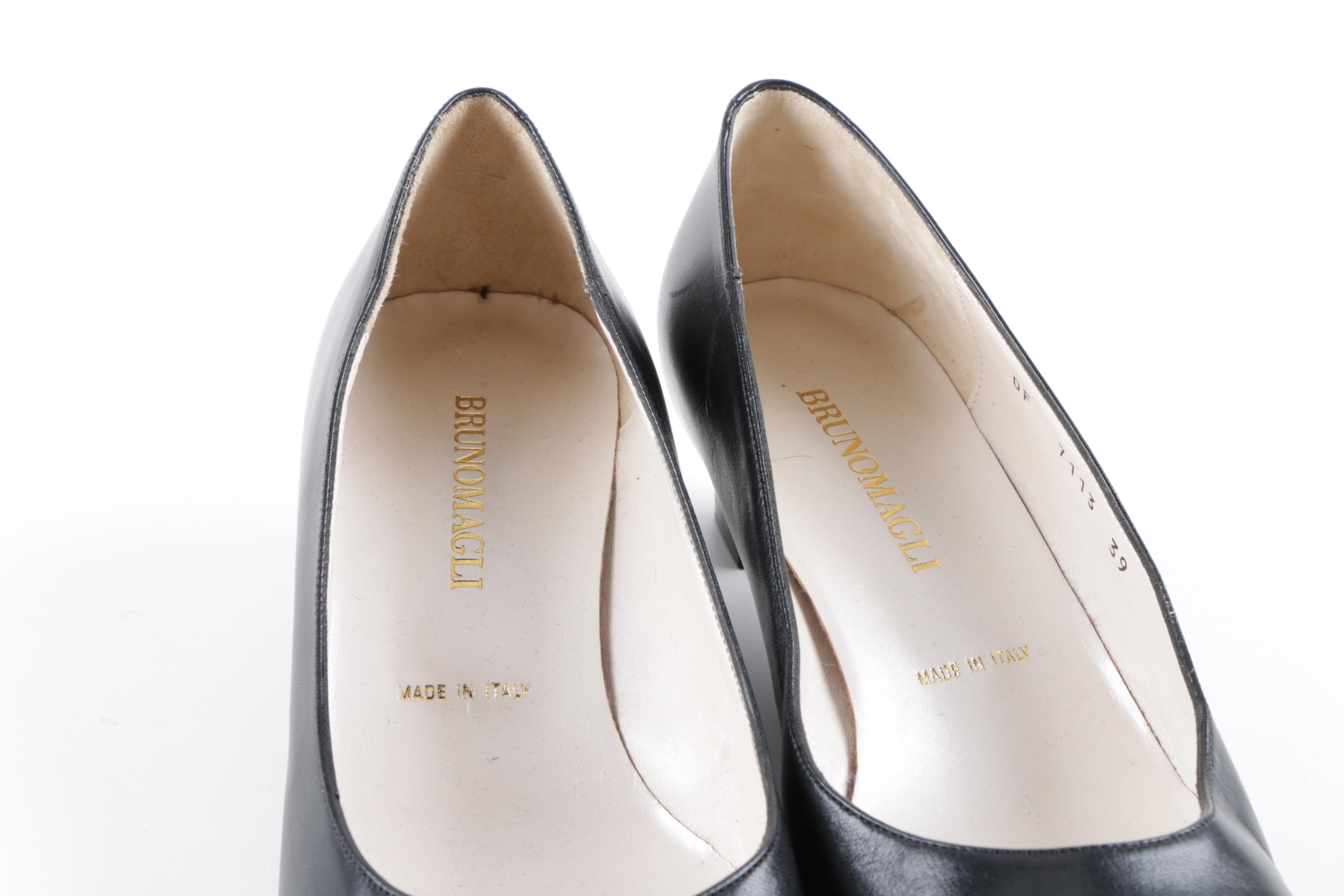 Women's Bruno Magli Black Leather Kitten Heels with Patent Leather Toes