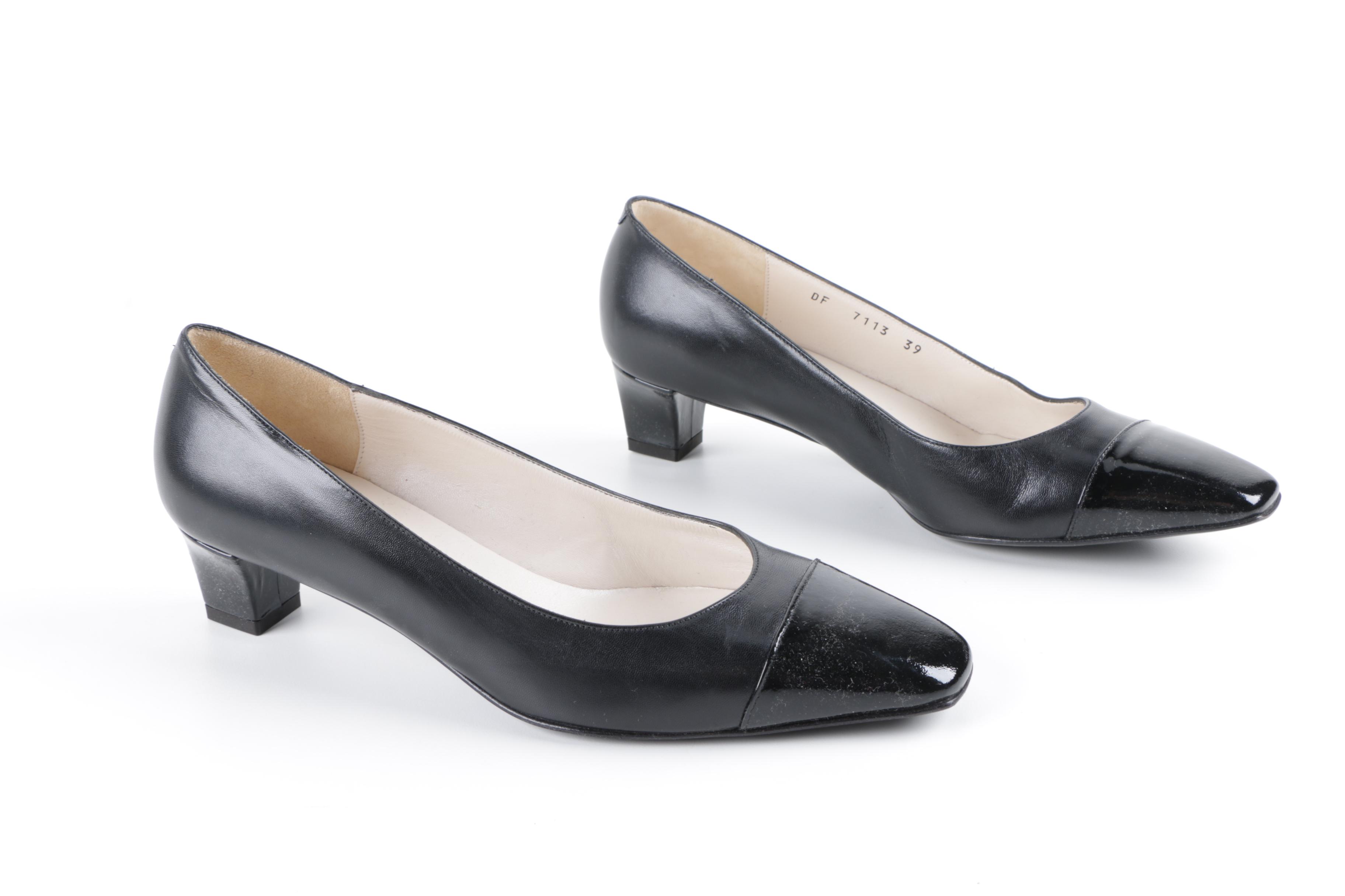 Women's Bruno Magli Black Leather Kitten Heels with Patent Leather Toes