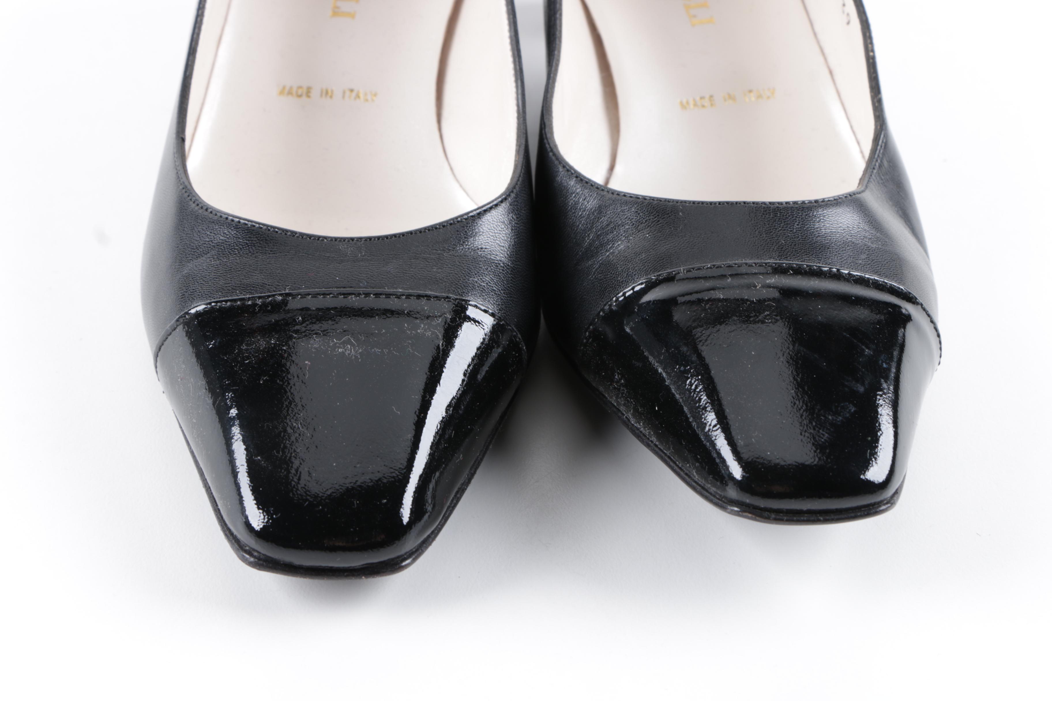 Women's Bruno Magli Black Leather Kitten Heels with Patent Leather Toes