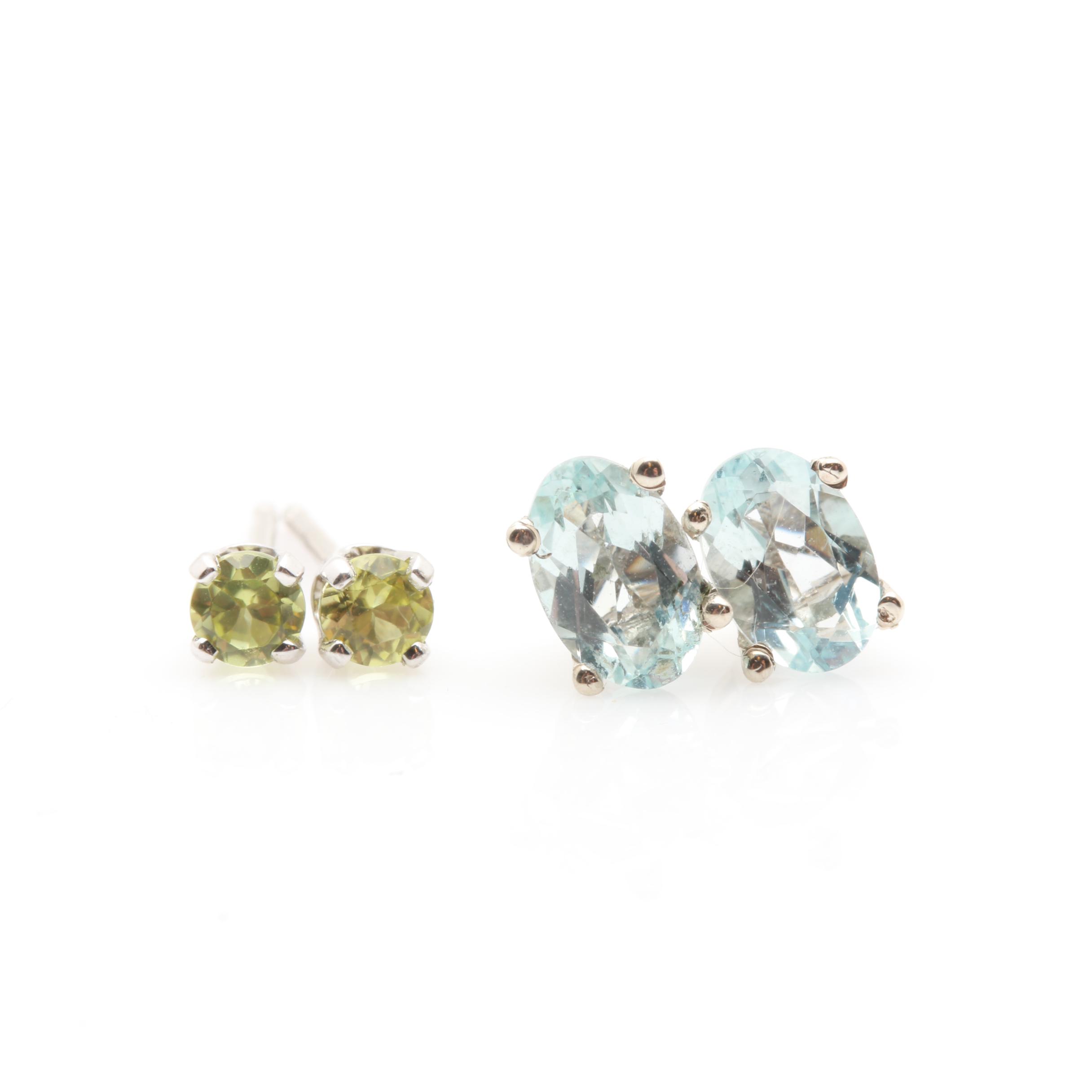 Assorted 14K White Gold Aquamarine and Peridot Stud Earrings