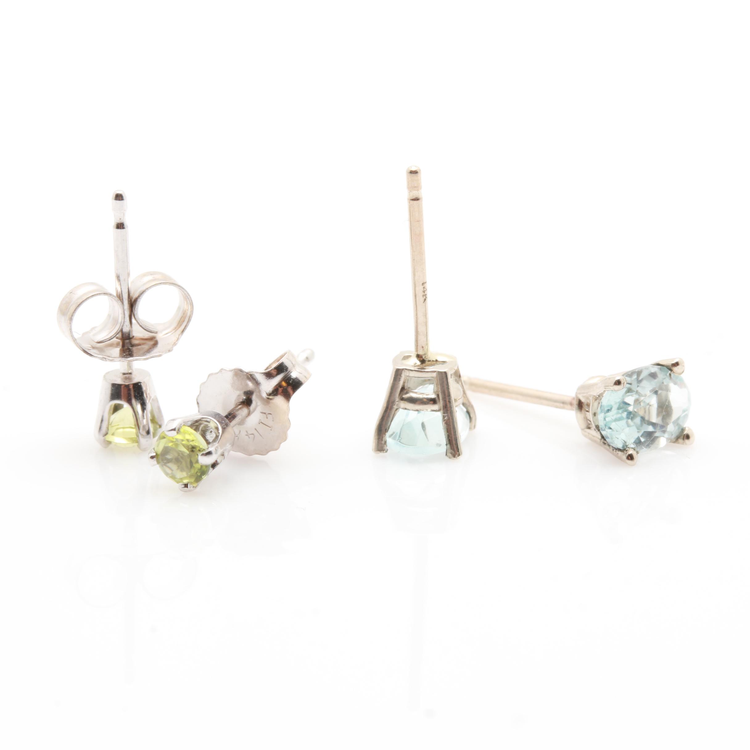 Assorted 14K White Gold Aquamarine and Peridot Stud Earrings