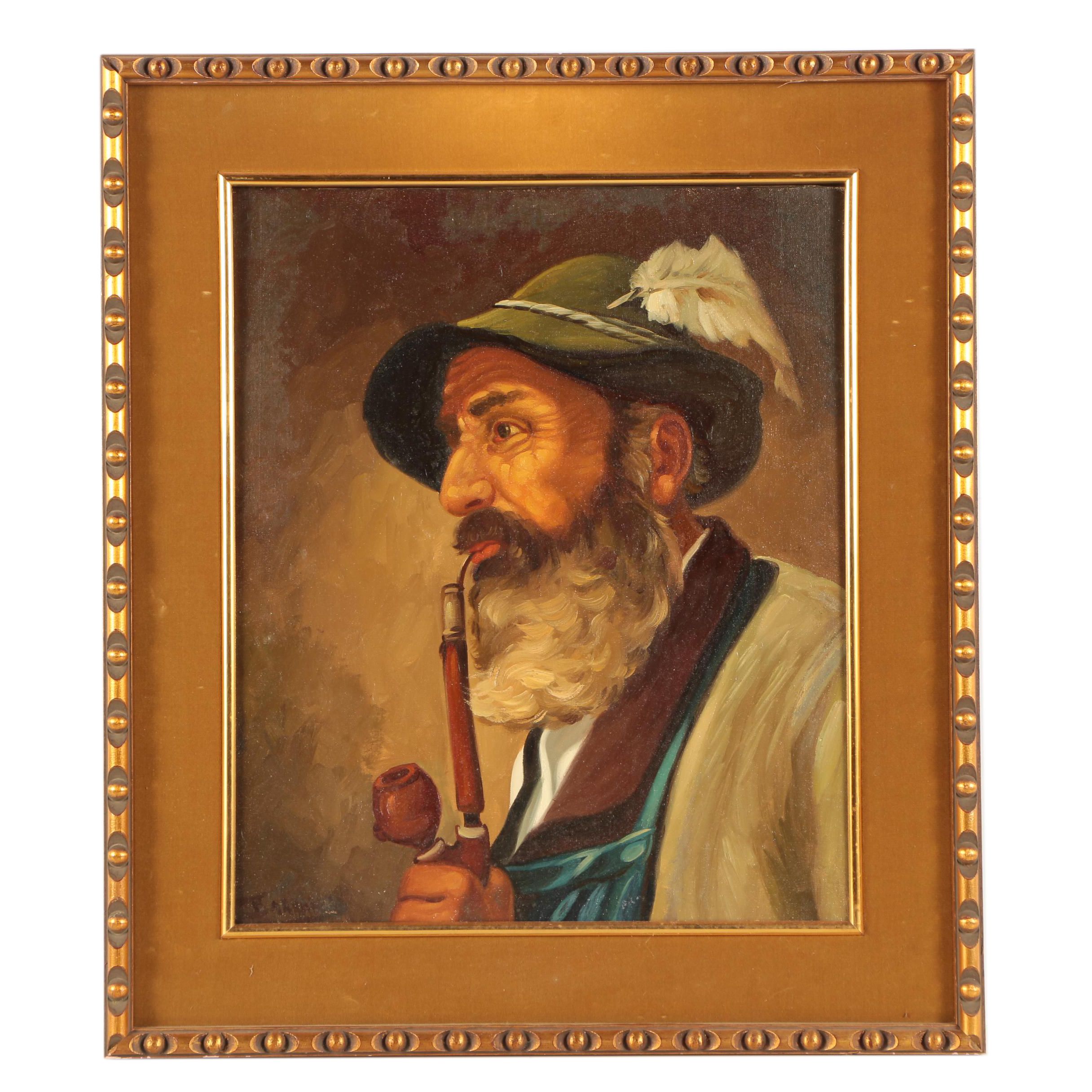 German Oil Painting of Man with Pipe