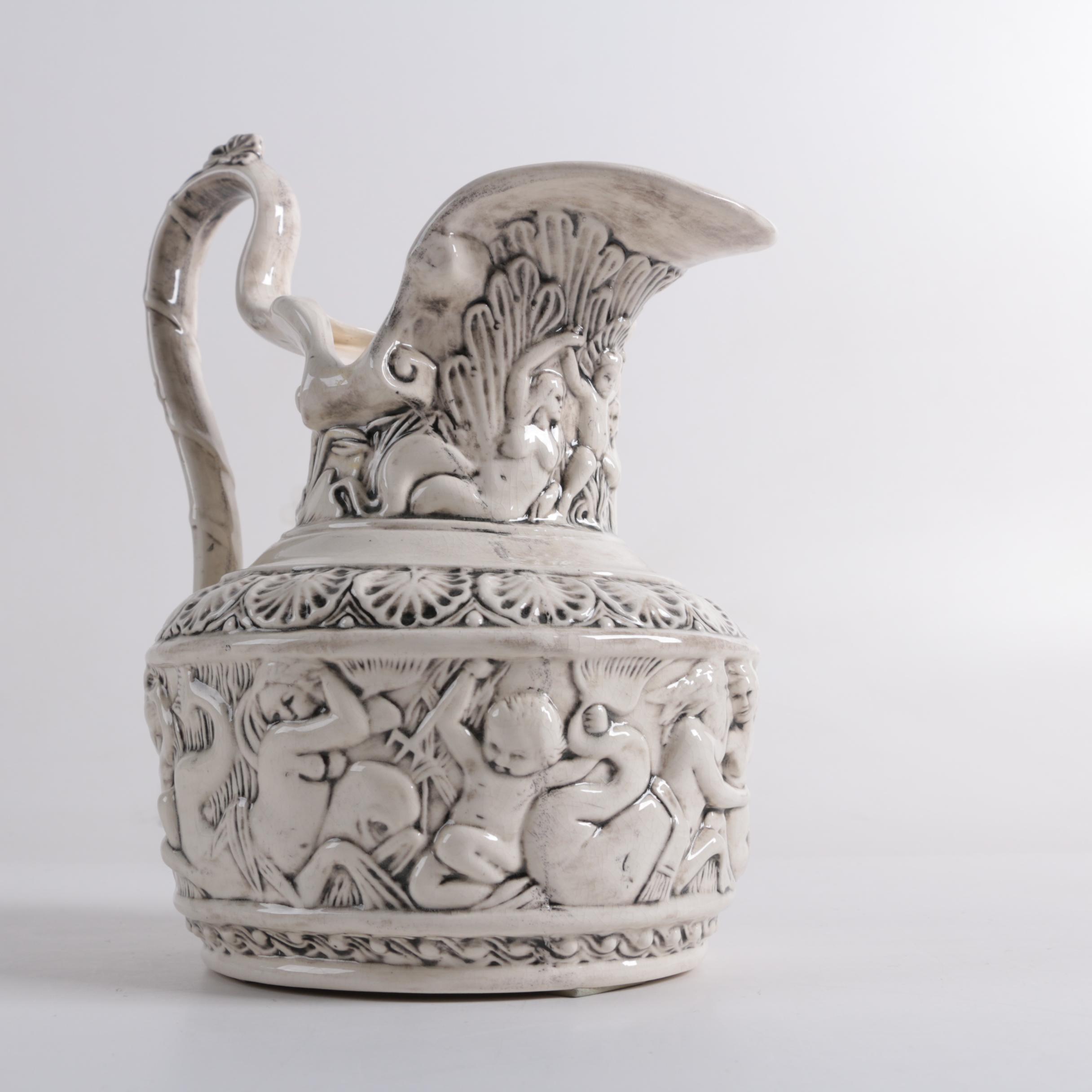 Ornate Ceramic Pitcher and Putti Bowl