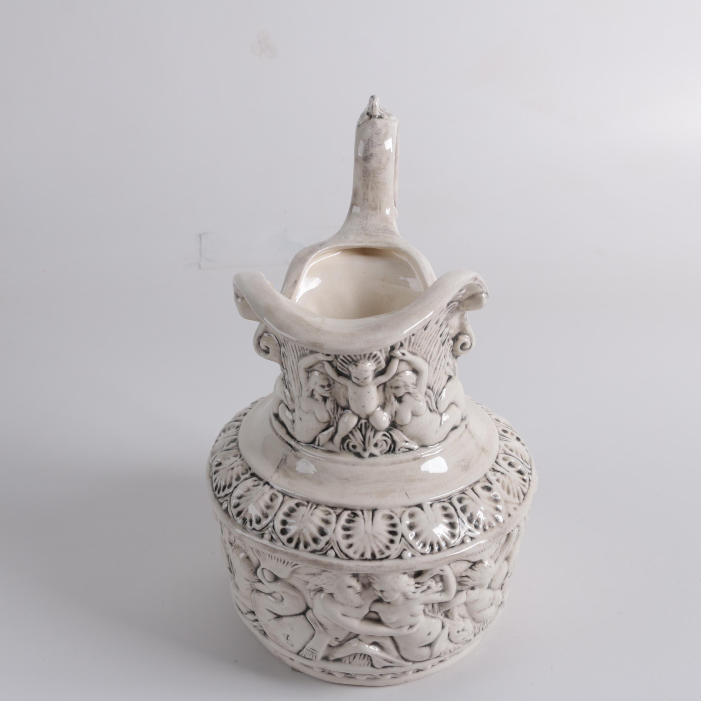 Ornate Ceramic Pitcher and Putti Bowl