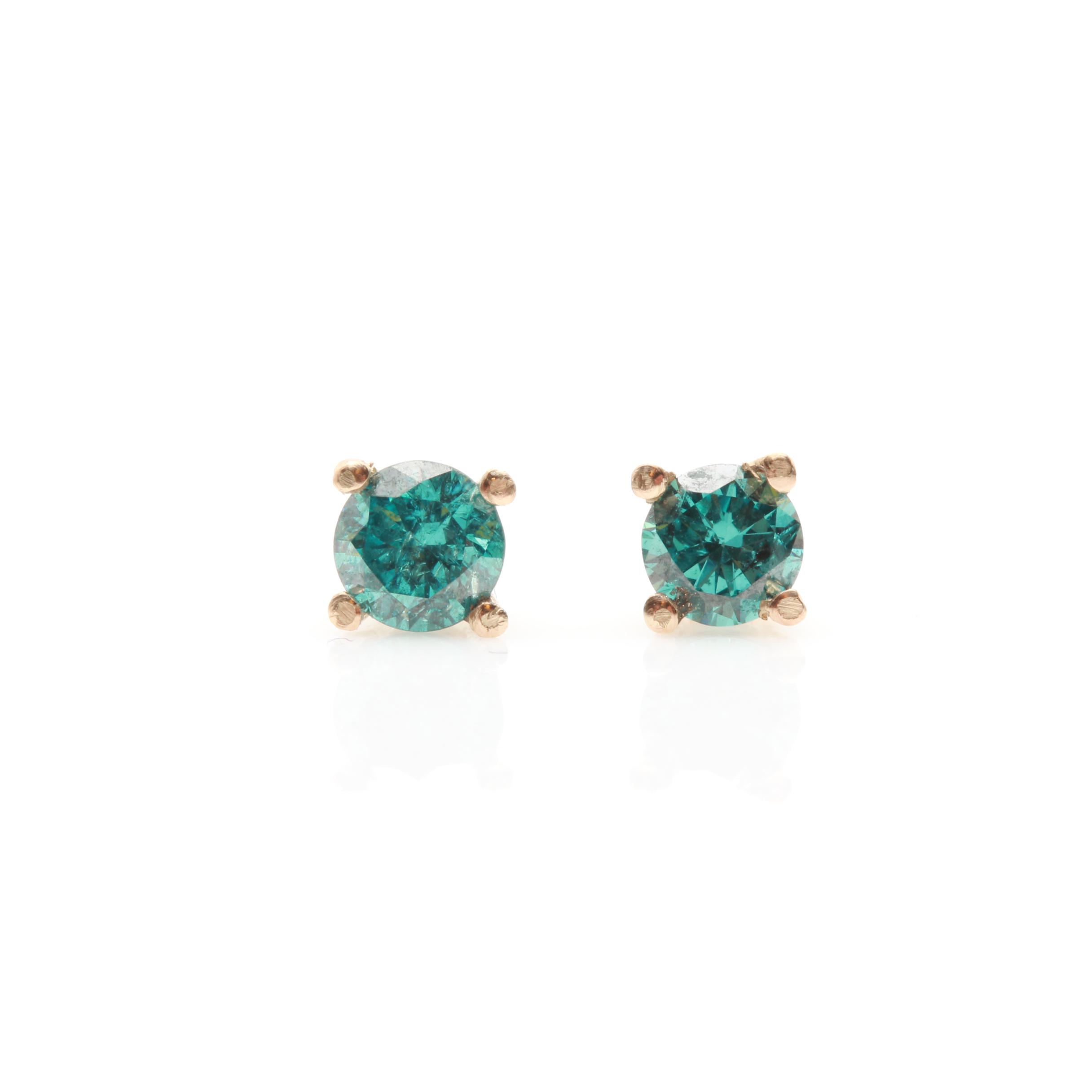 14K Yellow Gold Blue Diamond Stud Earrings