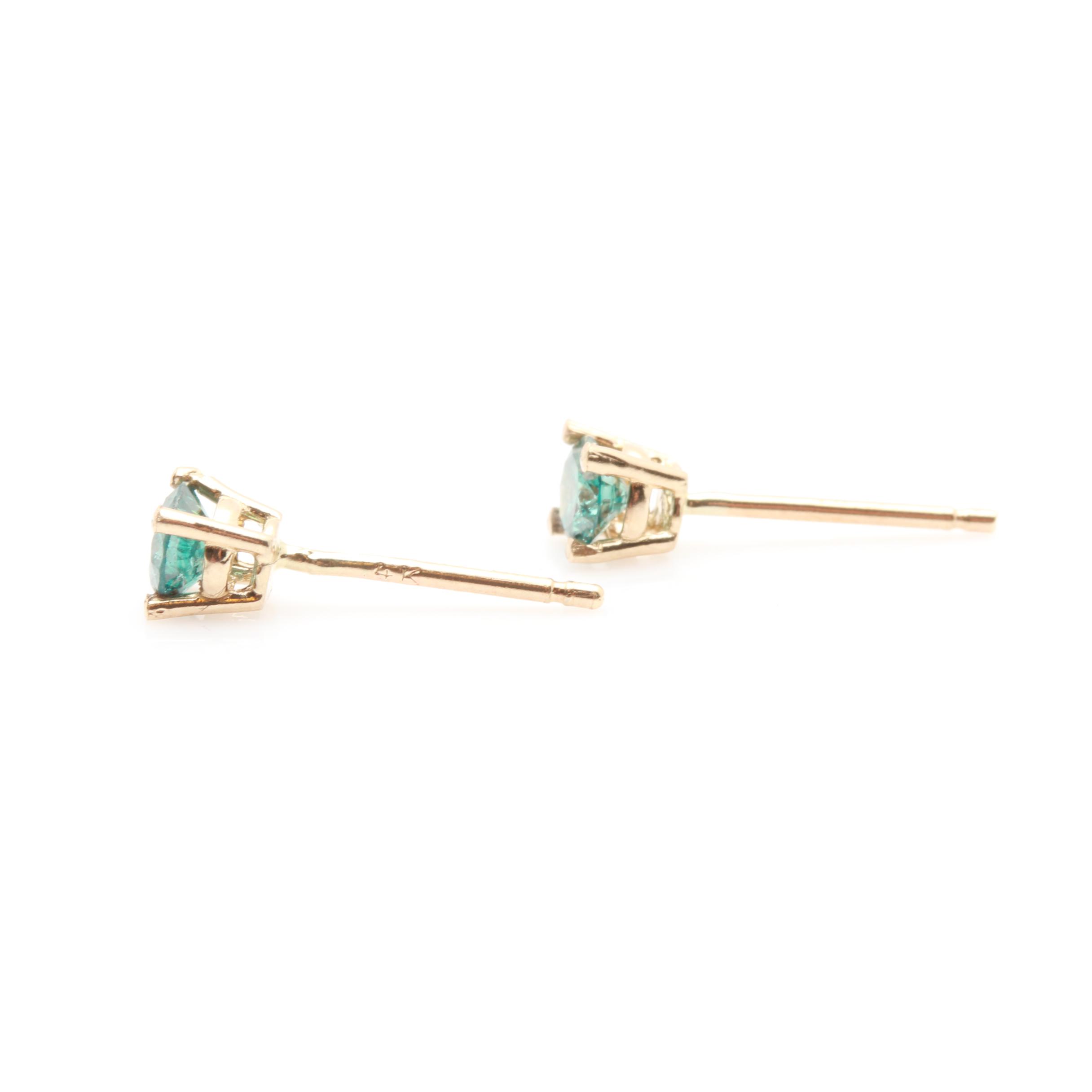 14K Yellow Gold Blue Diamond Stud Earrings