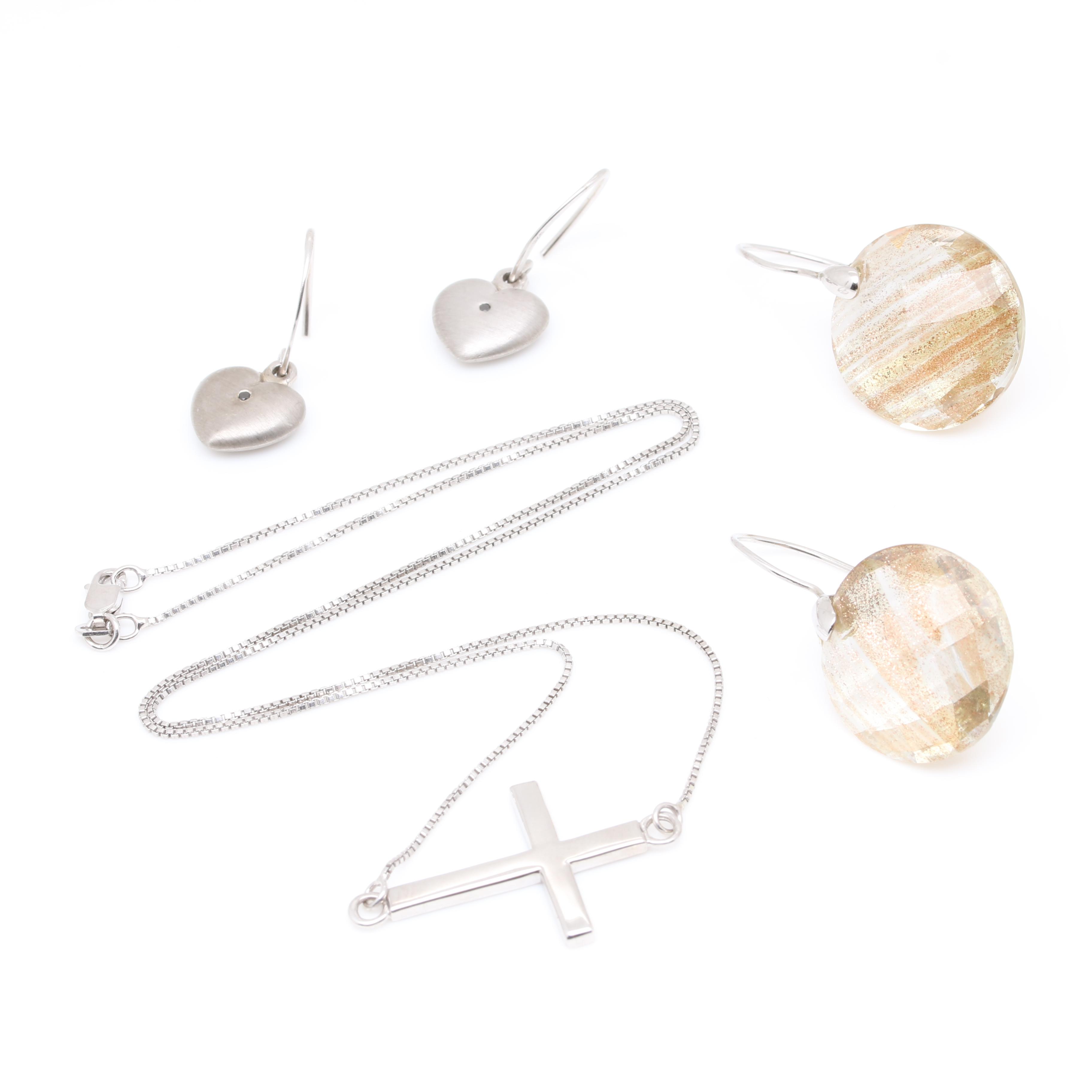 Sterling Silver Necklace and Earrings Including Diamonds and Glass