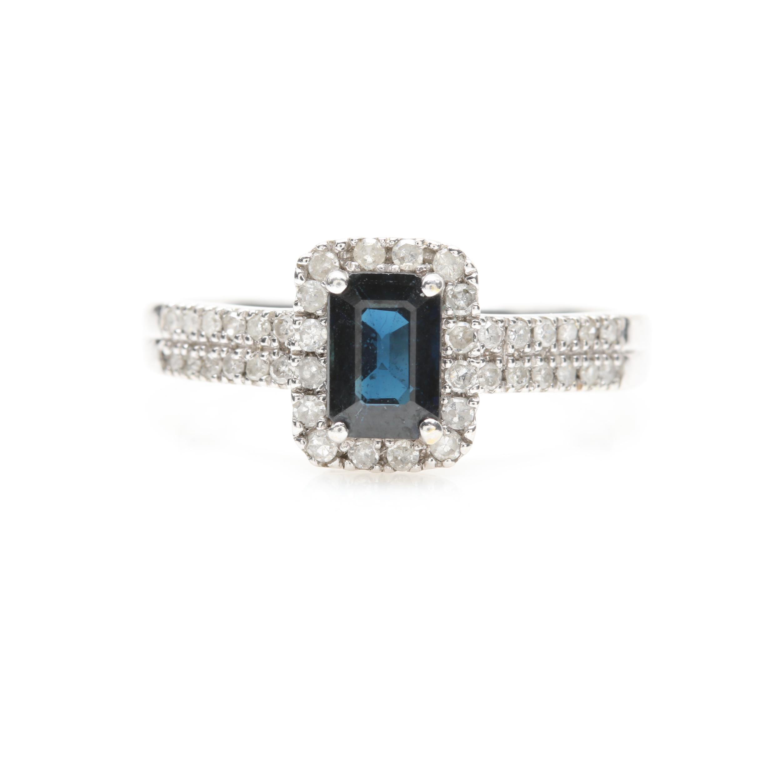 18K White Gold Blue Sapphire and Diamond Halo Ring