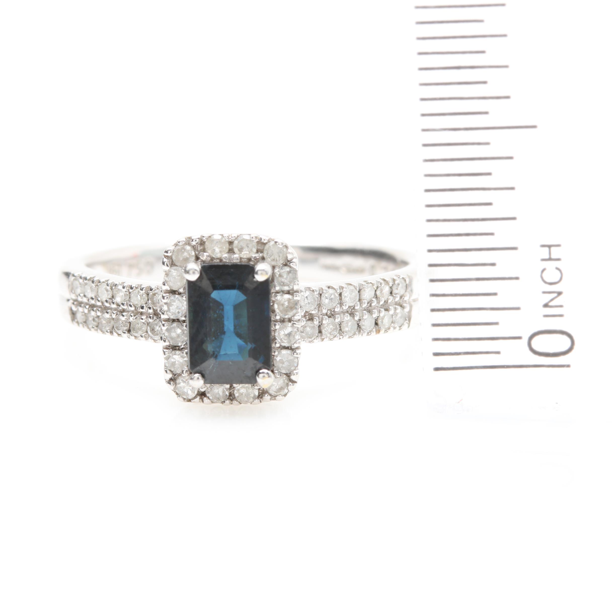 18K White Gold Blue Sapphire and Diamond Halo Ring