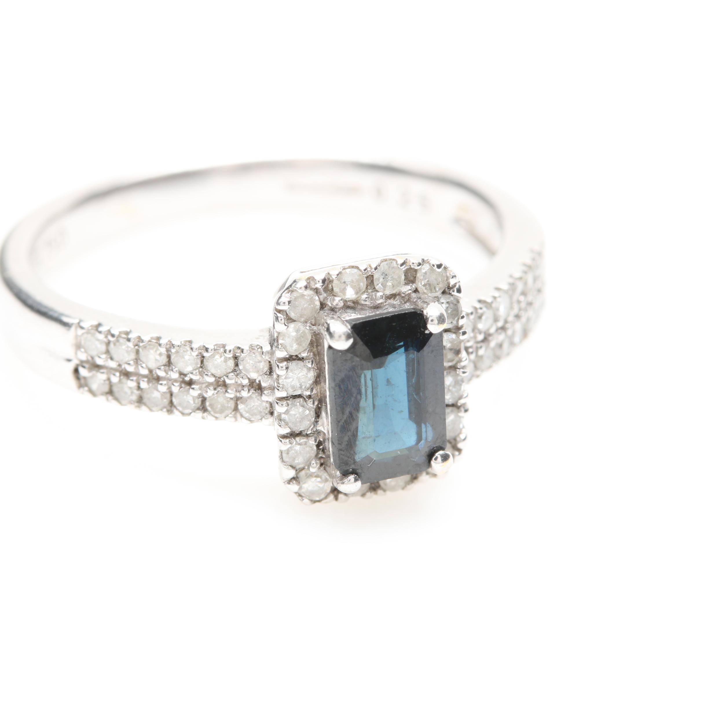 18K White Gold Blue Sapphire and Diamond Halo Ring