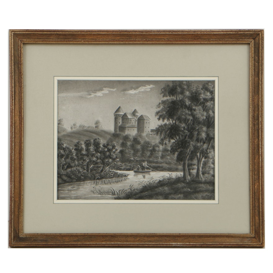 19th-Century Marble Dust Drawing of Romantic Landscape