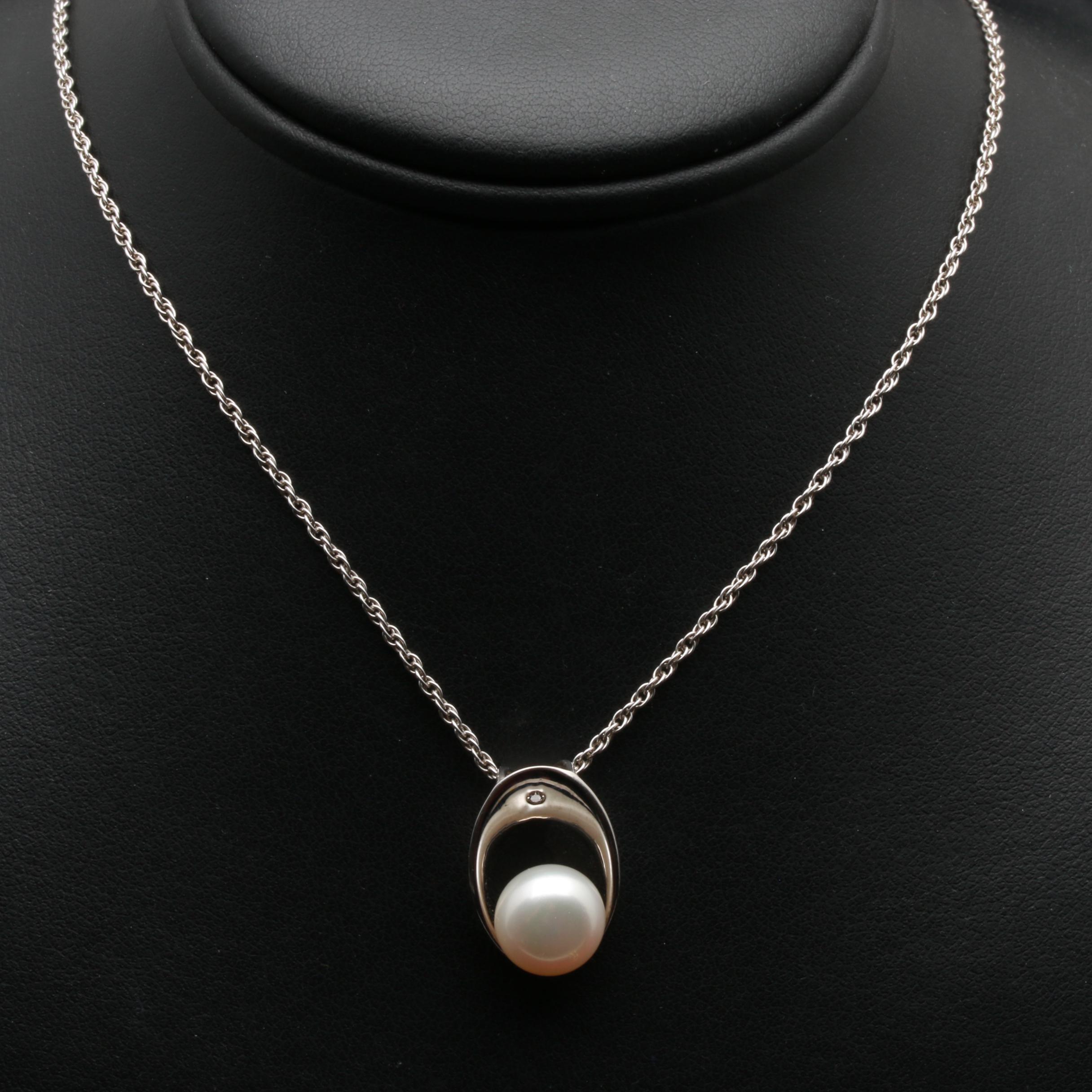 Sterling Silver Cultured Pearl and Diamond Necklace and Earrings