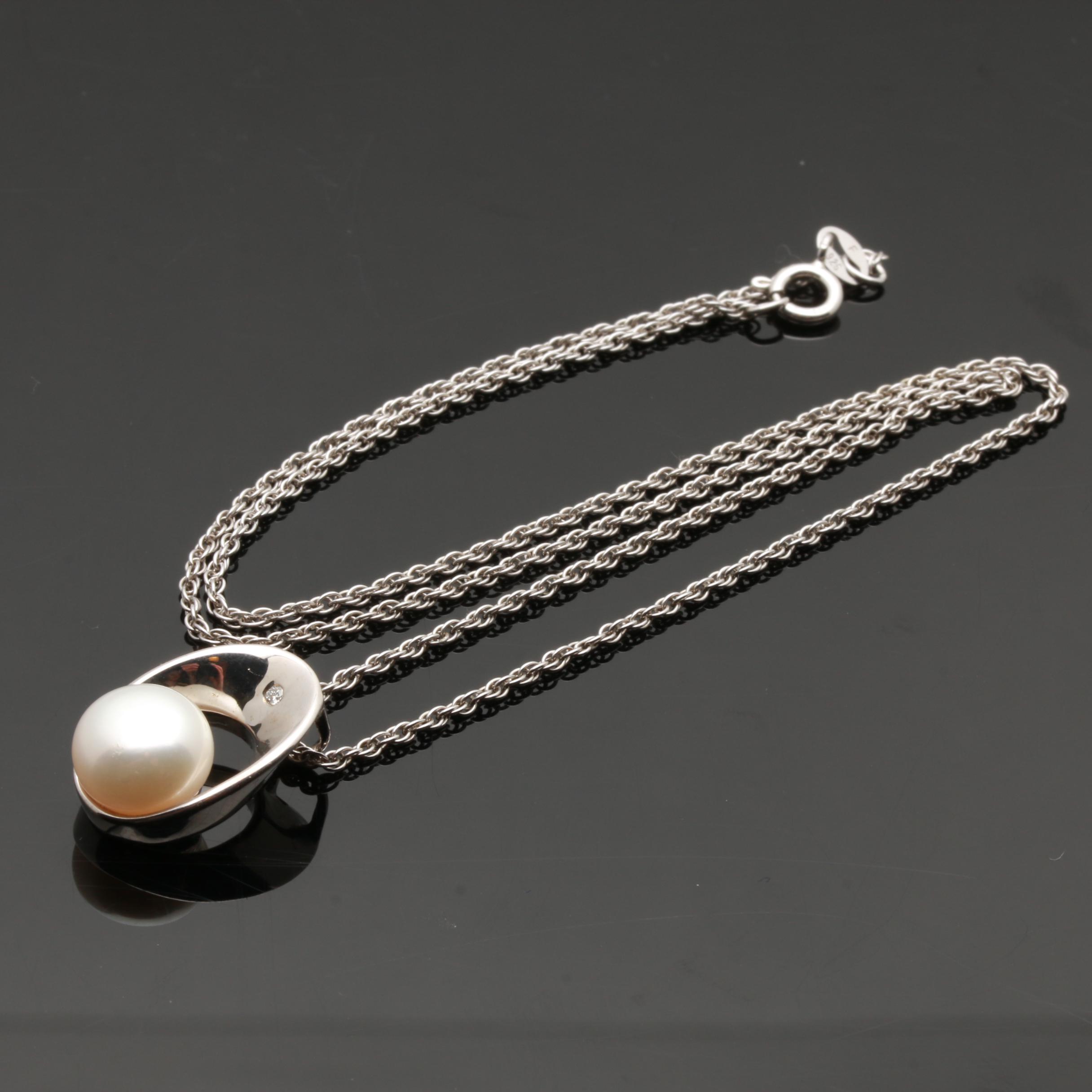 Sterling Silver Cultured Pearl and Diamond Necklace and Earrings