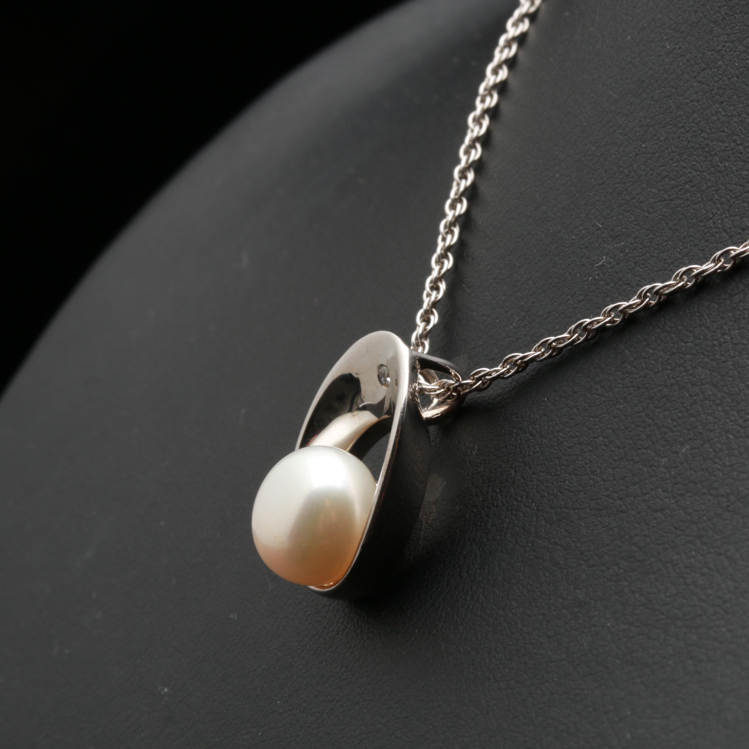 Sterling Silver Cultured Pearl and Diamond Necklace and Earrings