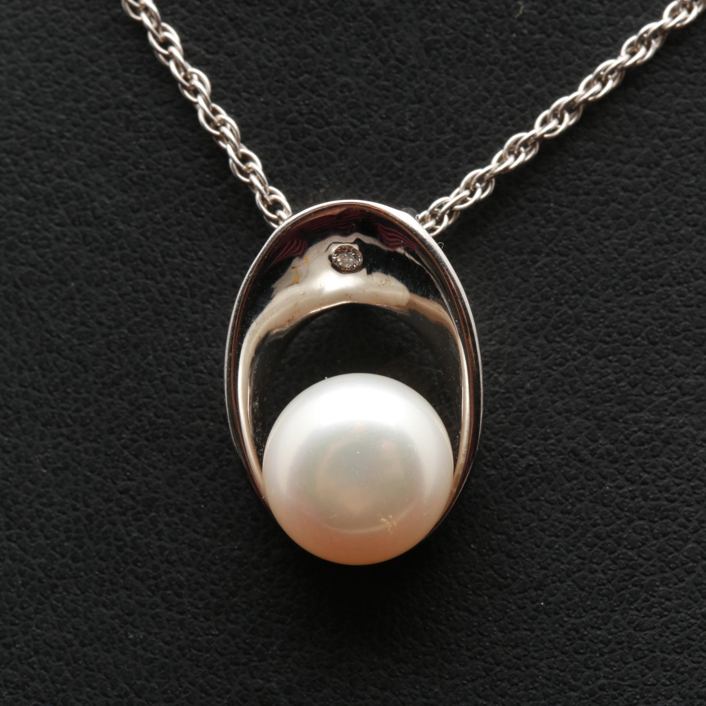 Sterling Silver Cultured Pearl and Diamond Necklace and Earrings