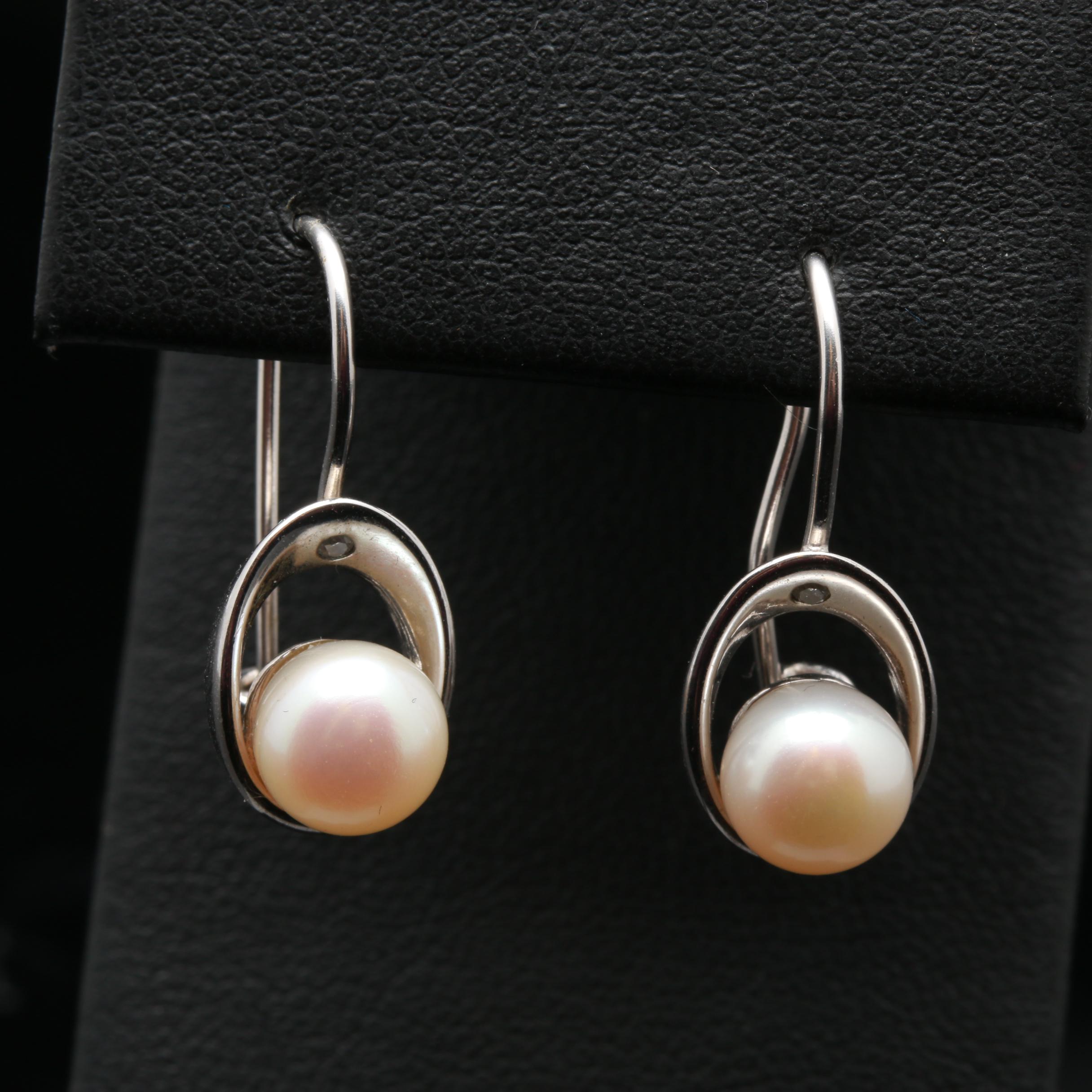 Sterling Silver Cultured Pearl and Diamond Necklace and Earrings