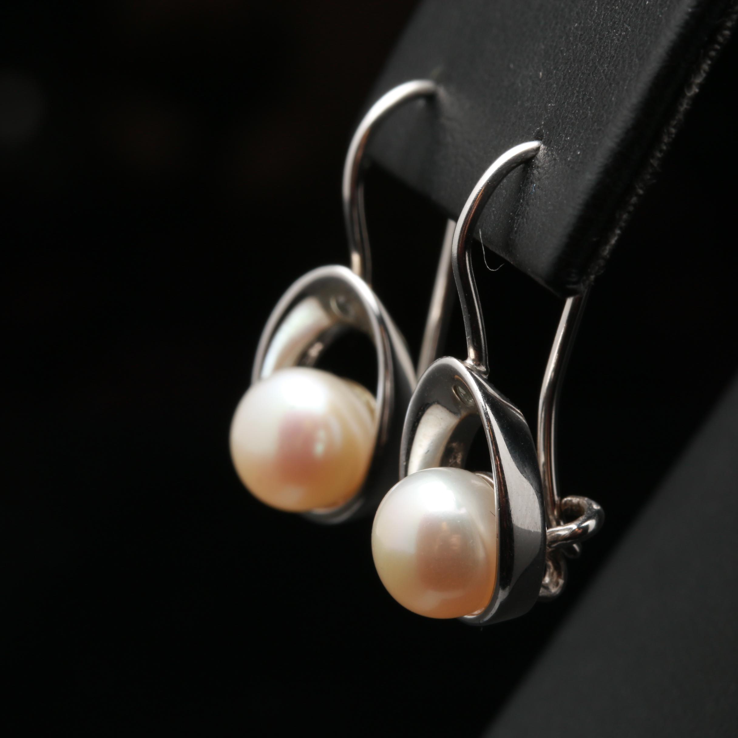 Sterling Silver Cultured Pearl and Diamond Necklace and Earrings