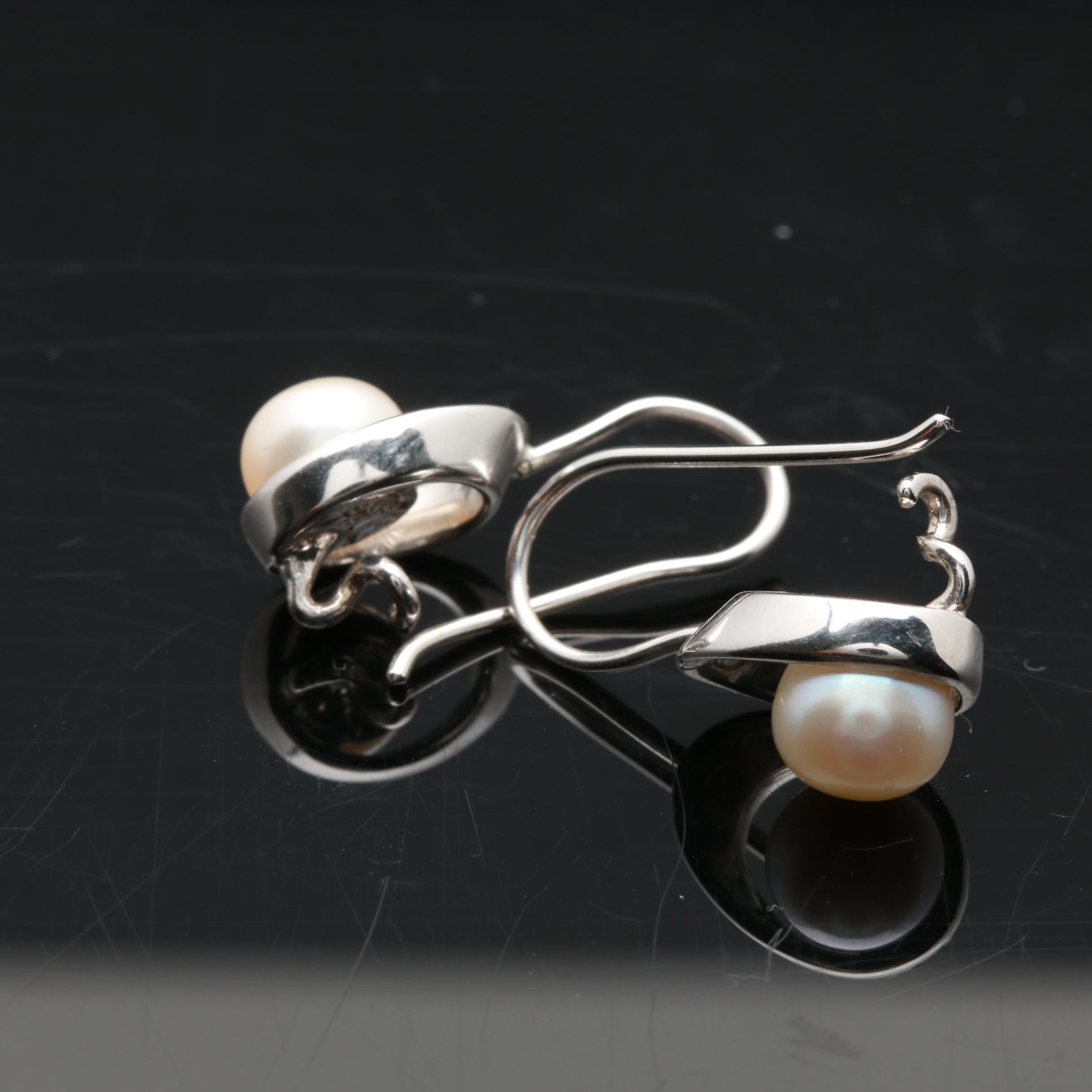 Sterling Silver Cultured Pearl and Diamond Necklace and Earrings