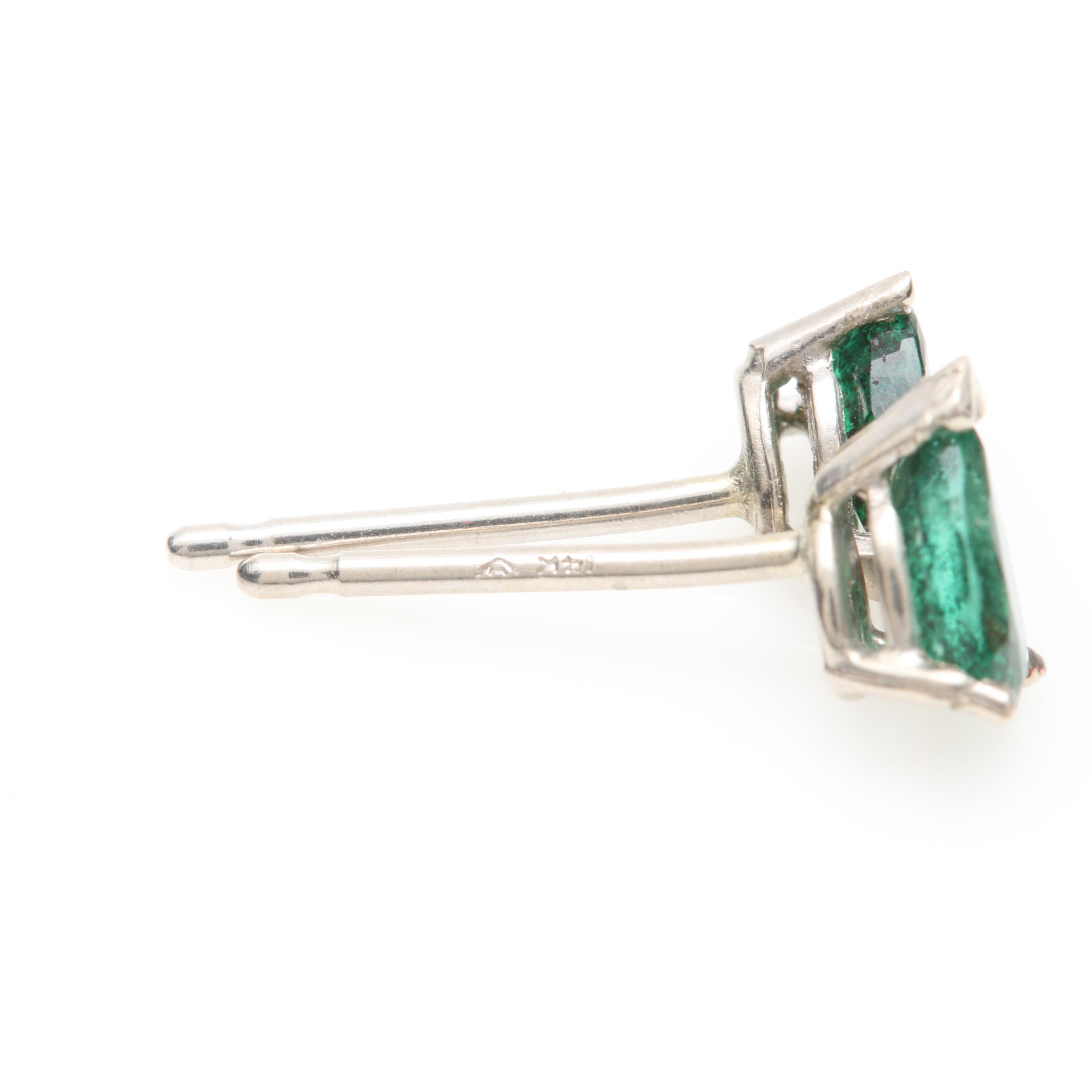 14K White Gold Emerald Stud Earrings