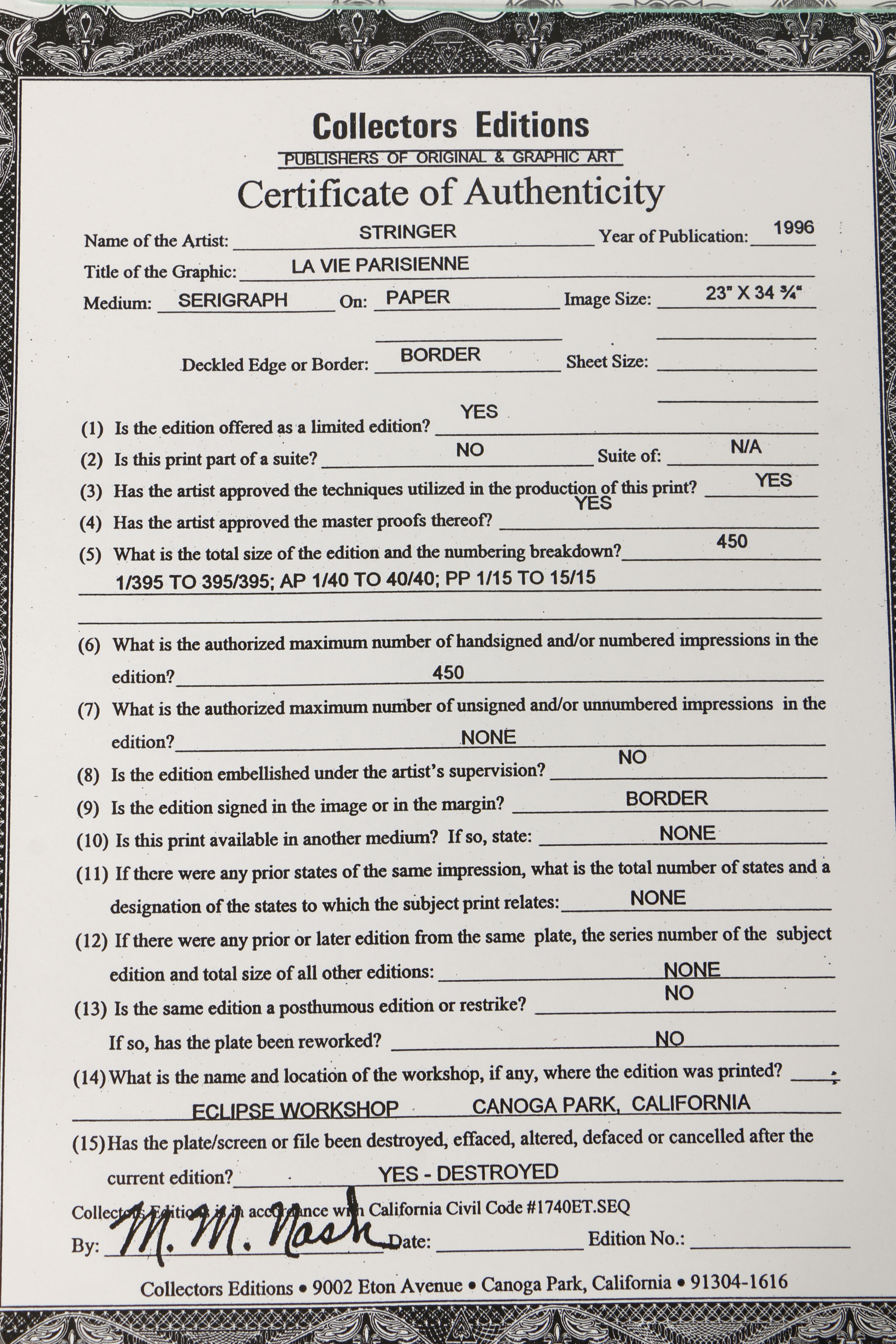 Michael Stringer 1996 Serigraph "La Vie Parisienne"