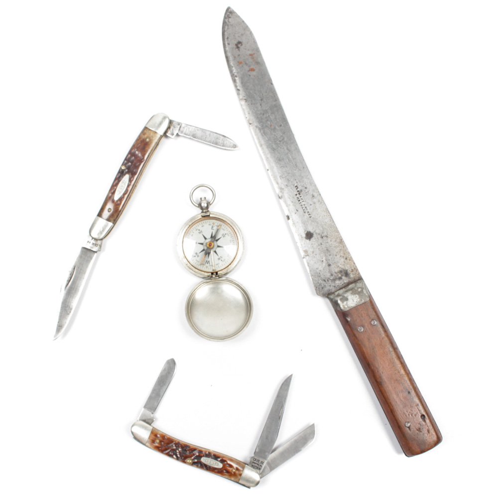 Vintage Case Pocket Knives, Kitchen Knife and Compass
