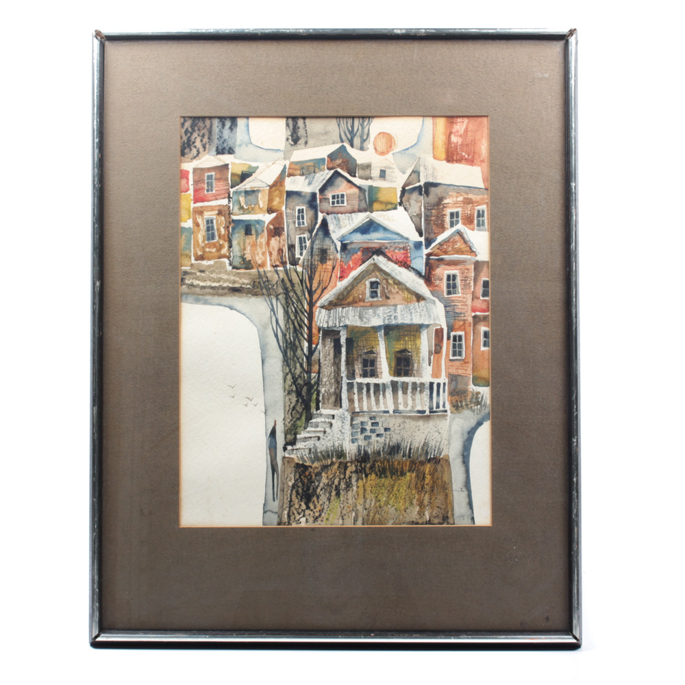 Vintage Meredith Miller Cityscape Watercolor